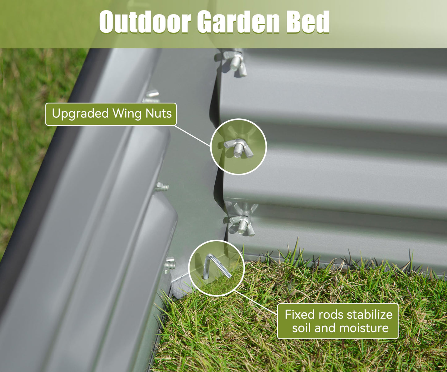 Close up of a raised garden bed with upgraded wing nuts for assembly