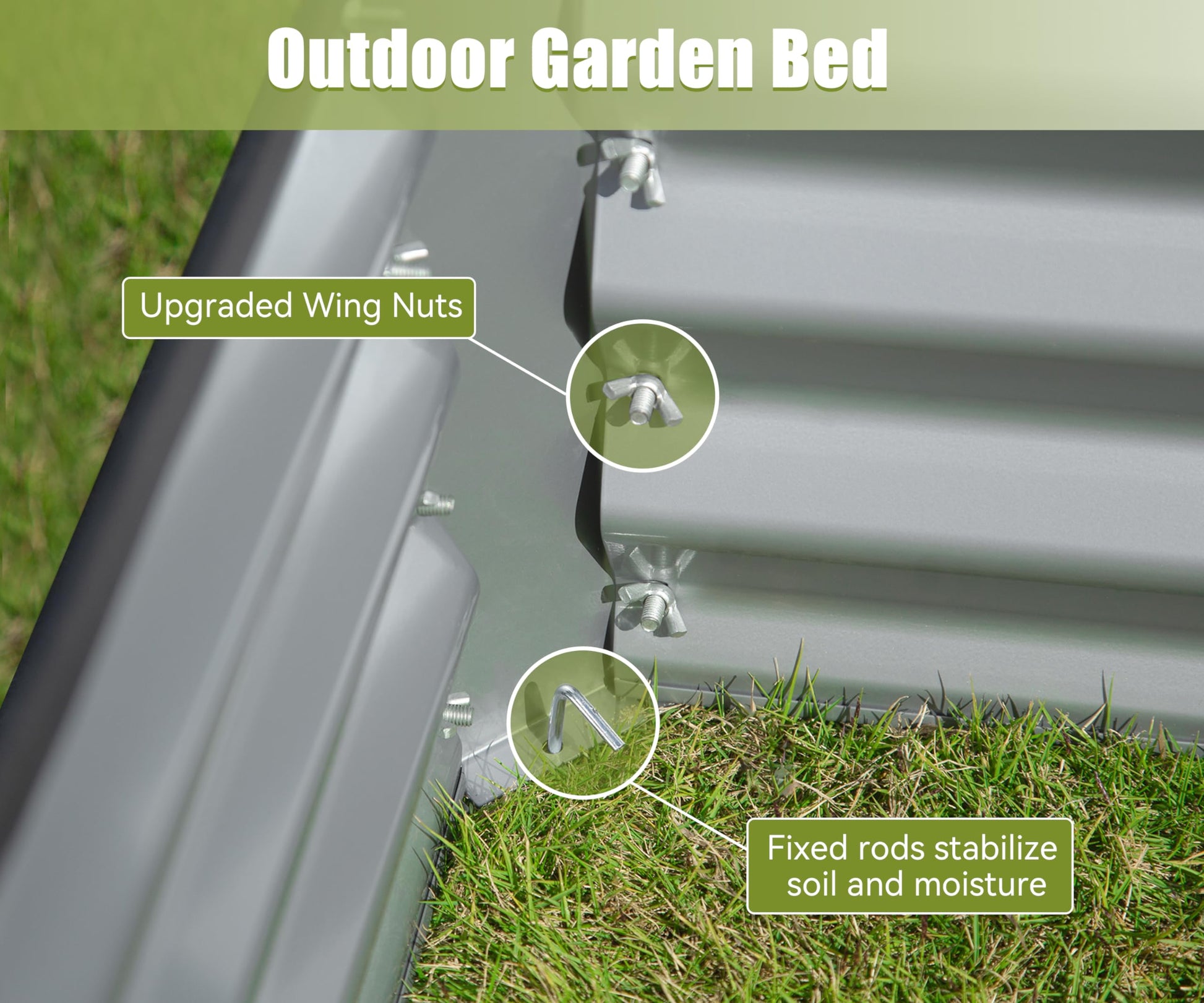 Close up of a raised garden bed with upgraded wing nuts for assembly