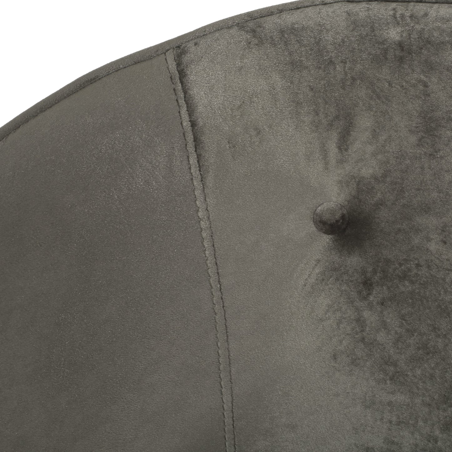 Dark grey velvet tufted accent chair back detail with button tufting