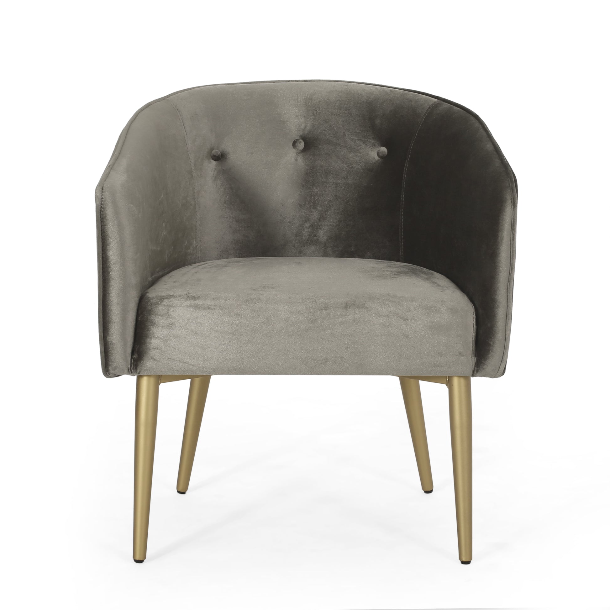 Gray velvet accent chair with tufted back and gold legs