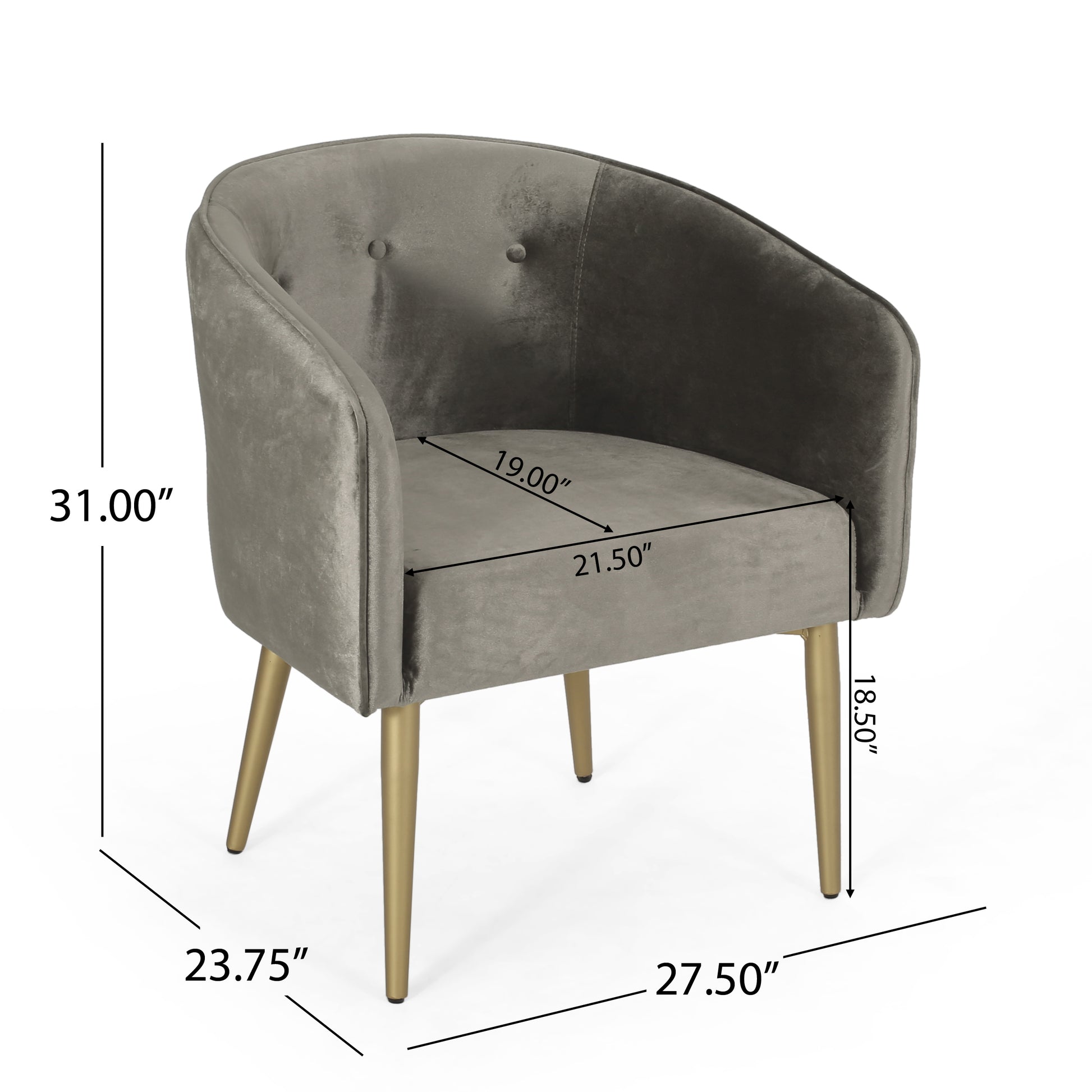 Gray velvet accent chair with tufted back and gold legs