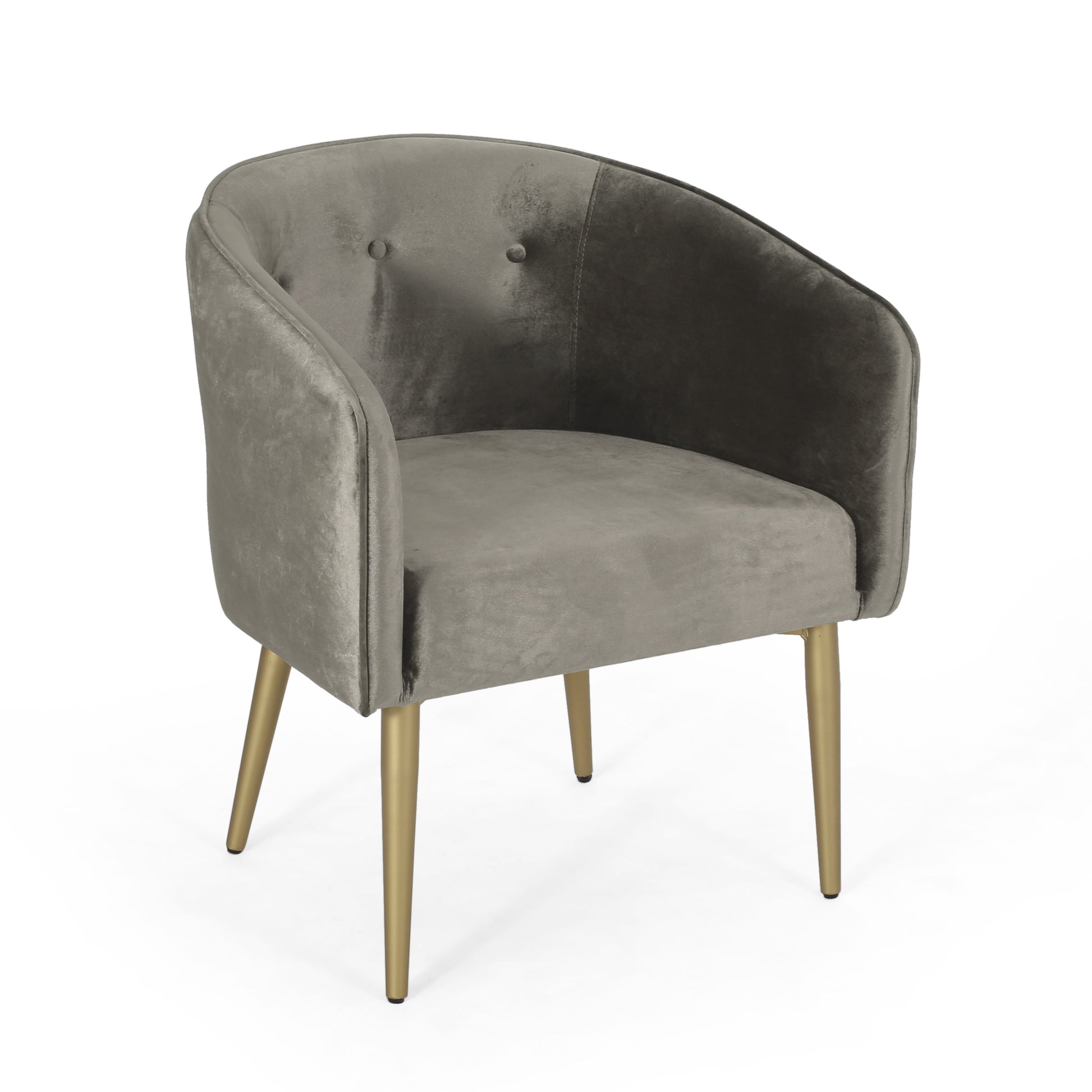 Grey velvet accent chair with tufted back and gold metal legs