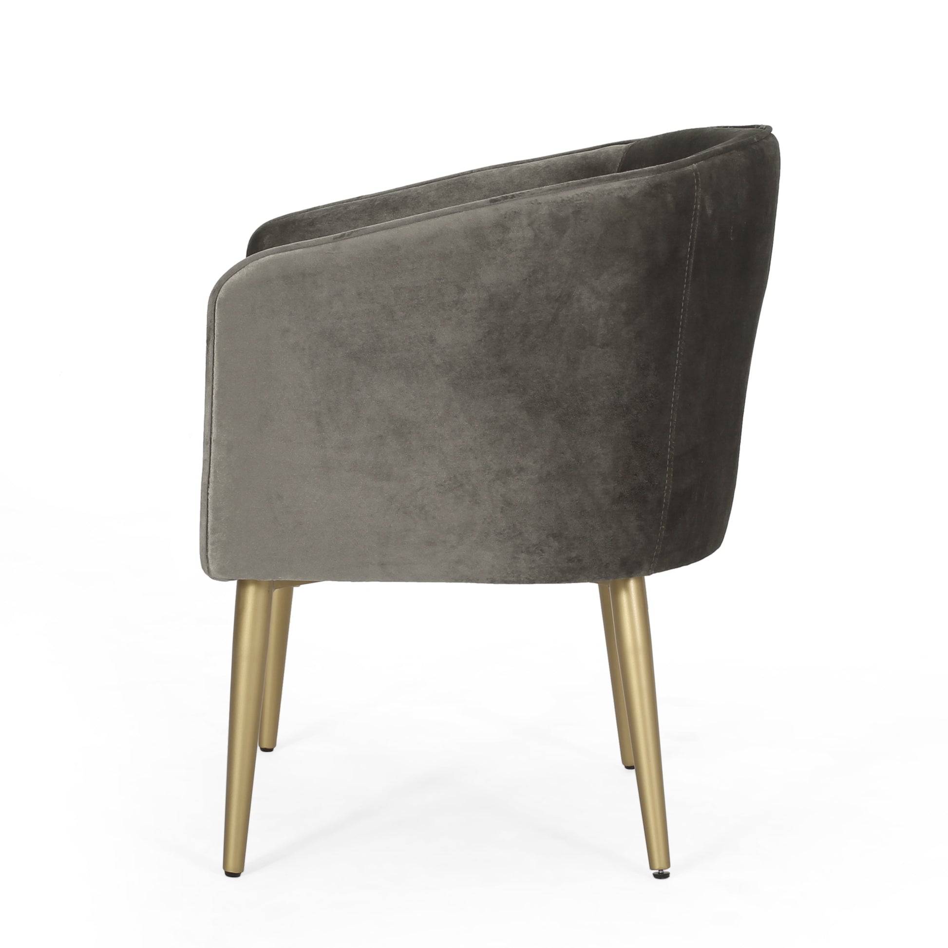 Elegant grey velvet armchair with modern gold metal legs perfect for a chic living room