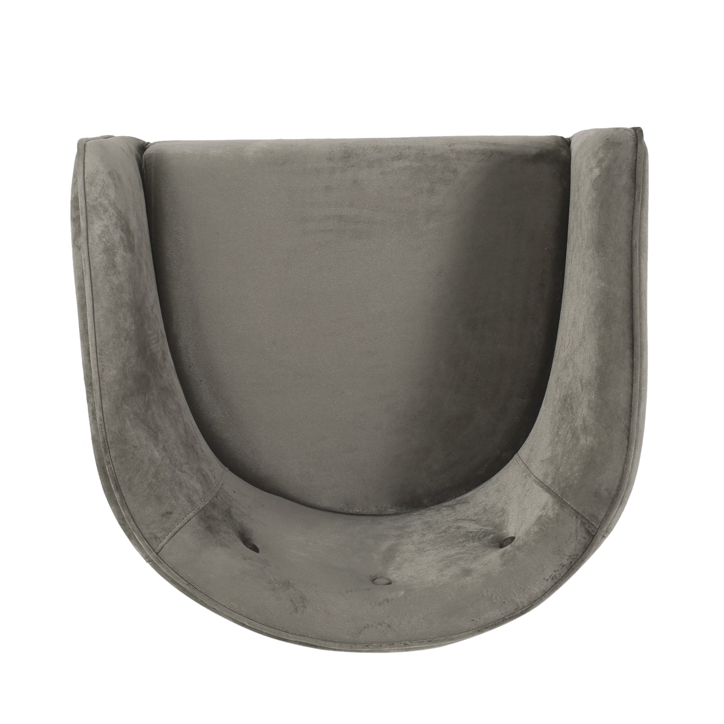 Top view of a grey velvet accent chair with a curved back and seat