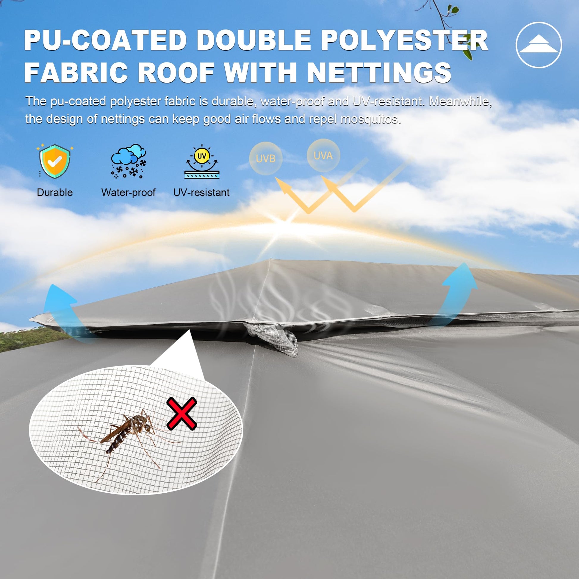 Grey PUcoated polyester canopy fabric with mosquito netting for outdoor shelters