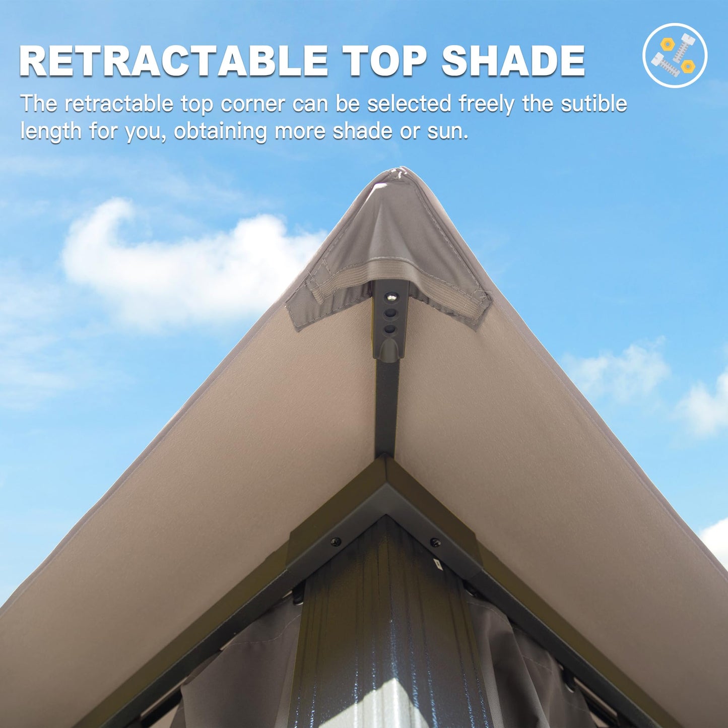 Beige retractable patio canopy corner detail with dark metal frame under blue sky