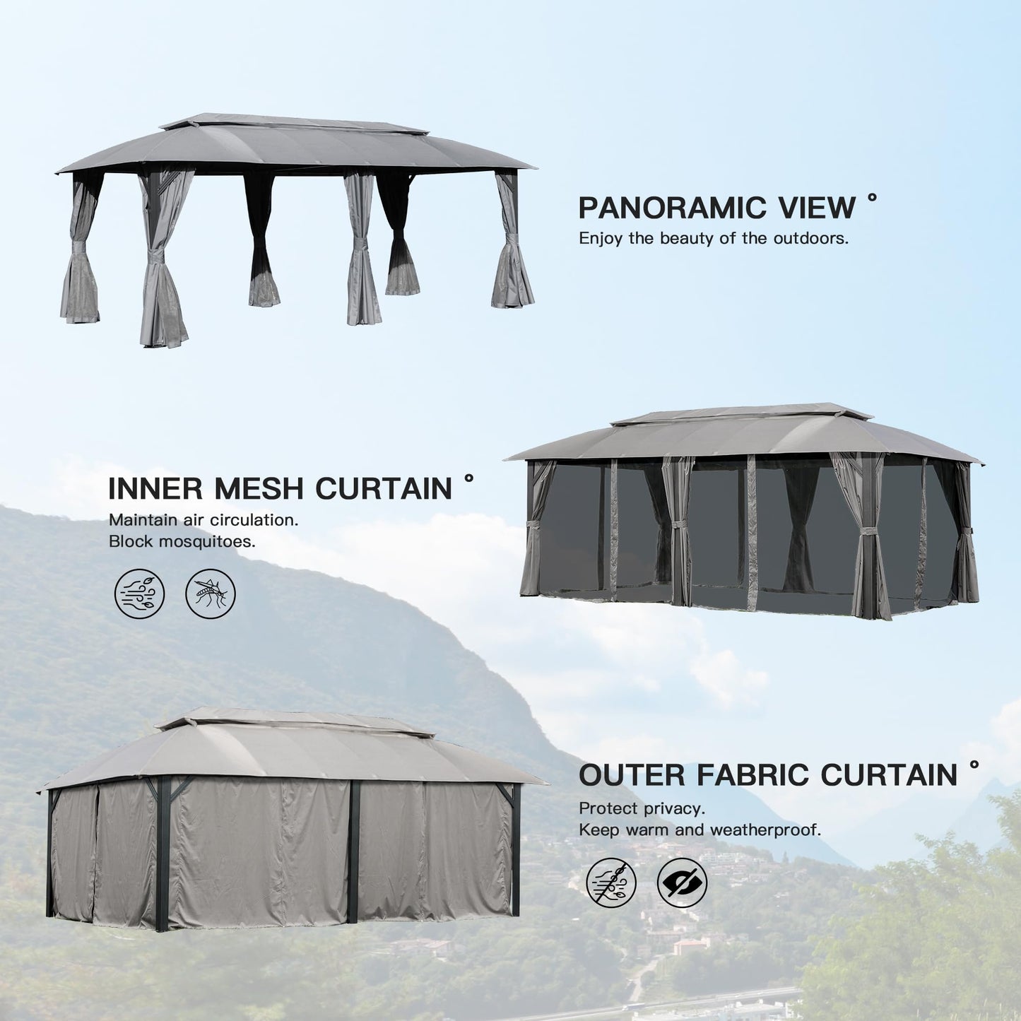 Gray outdoor gazebo with panoramic view and draping curtains