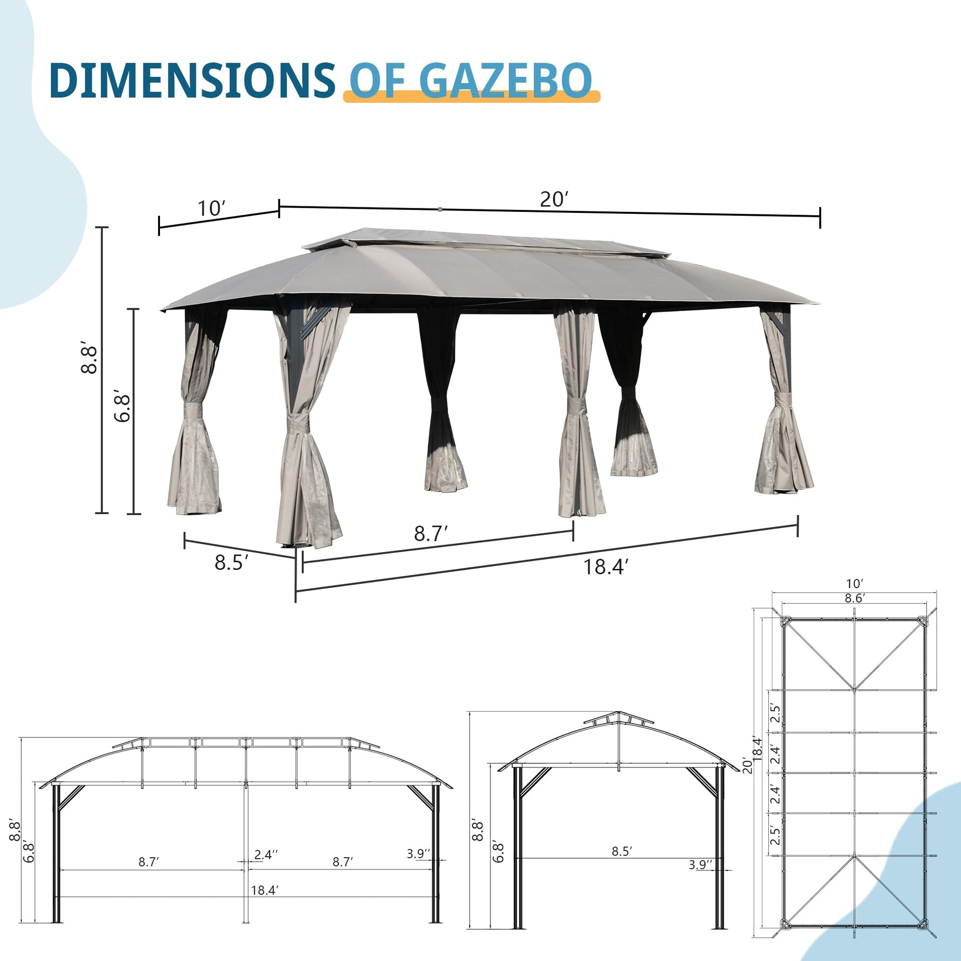 Gray x outdoor gazebo with integrated curtains and detailed dimensions