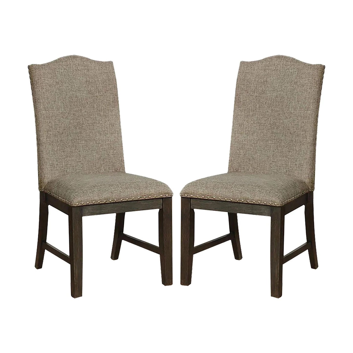 Two upholstered dining chairs with textured taupe fabric and dark wood legs