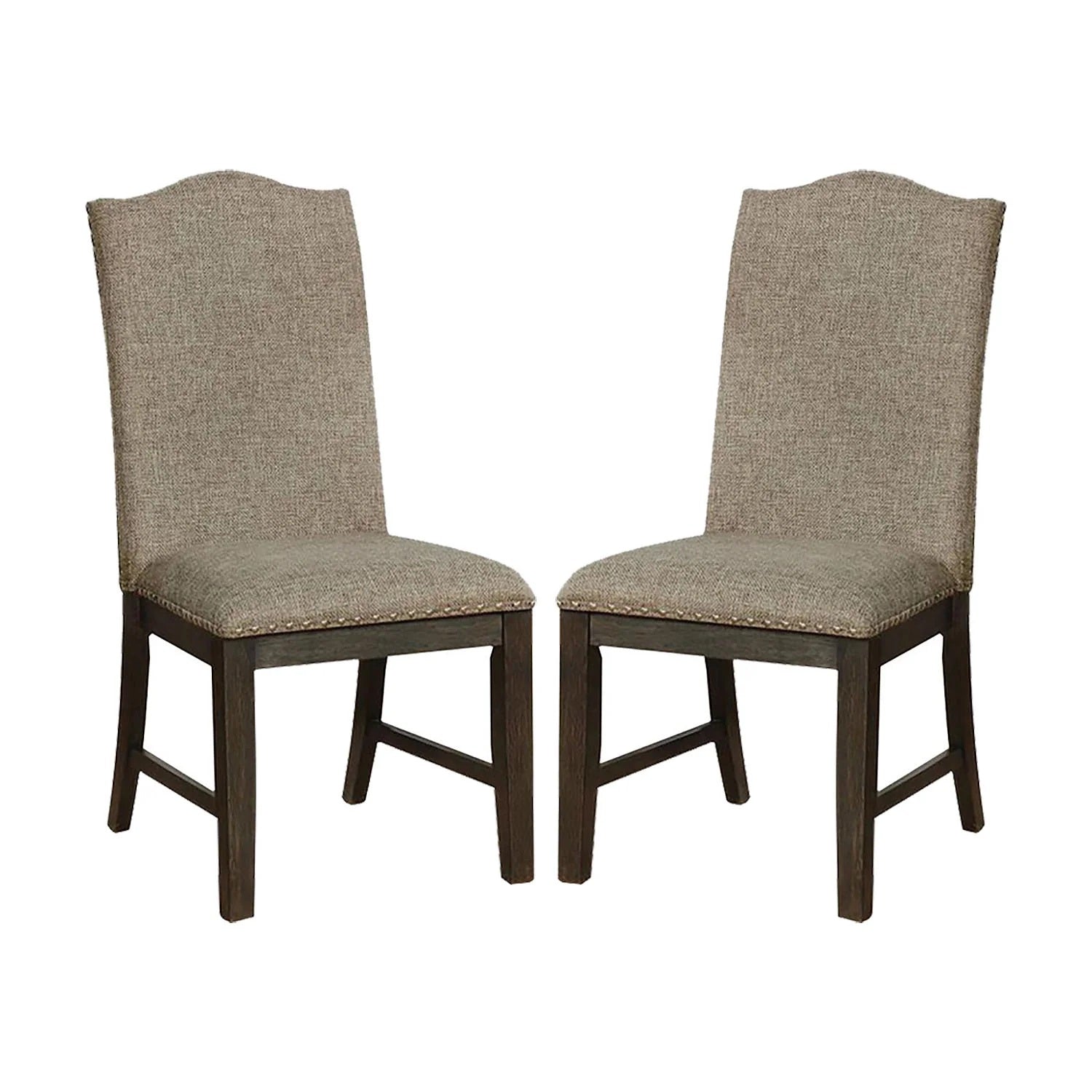 Two upholstered dining chairs with textured taupe fabric and dark wood legs