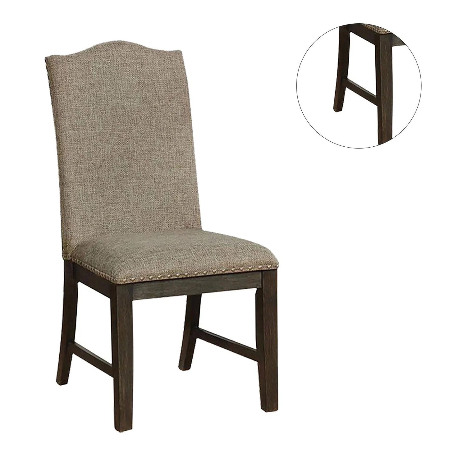 Tufted upholstered dining chair with dark wood frame and beige linen fabric