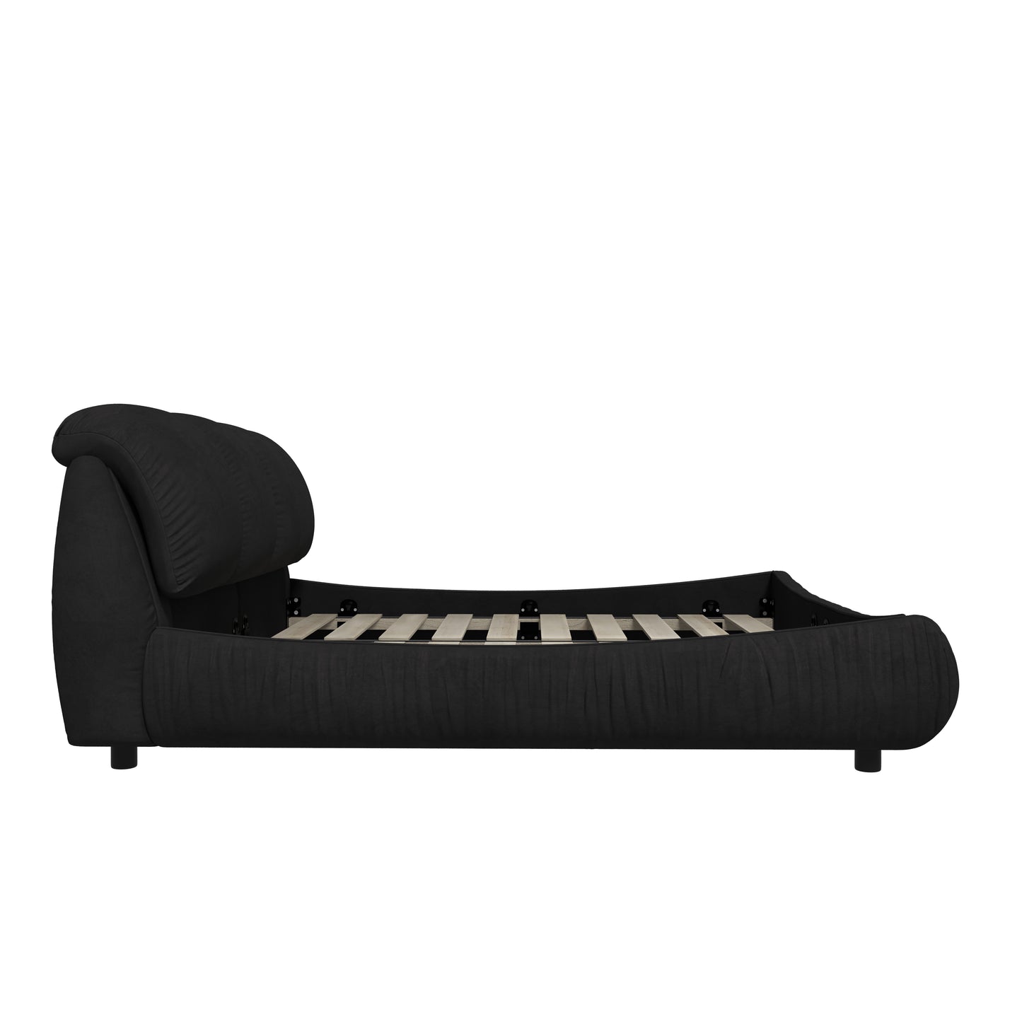 Black upholstered platform bed with curved headboard
