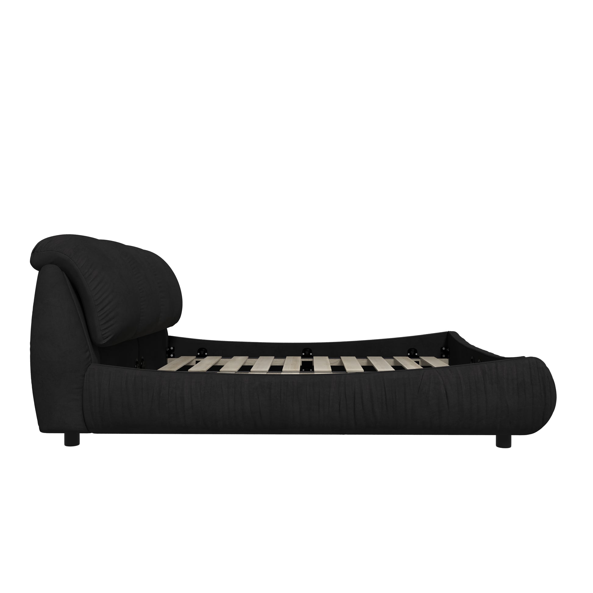 Black upholstered platform bed with curved headboard