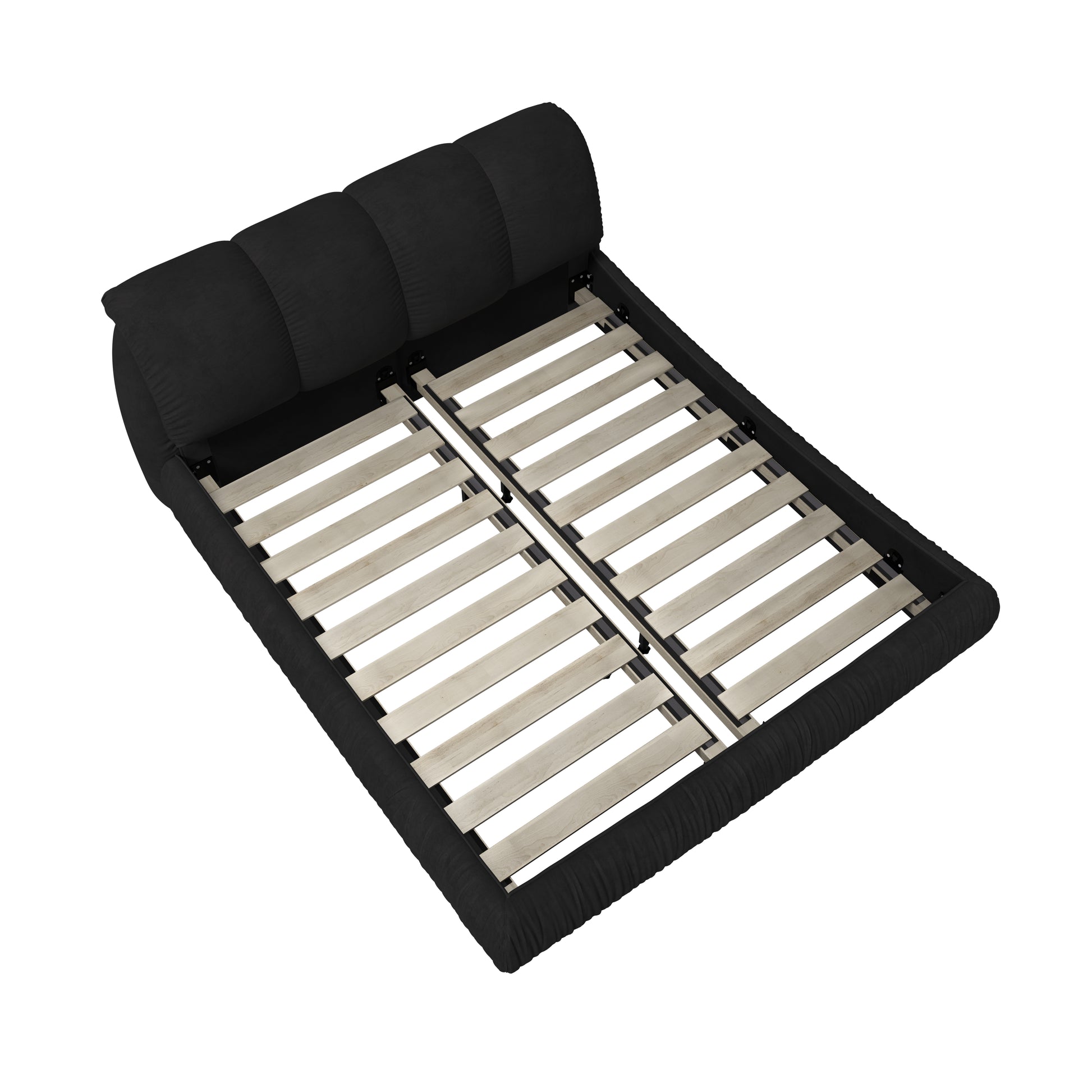 Black upholstered bed frame with slatted base