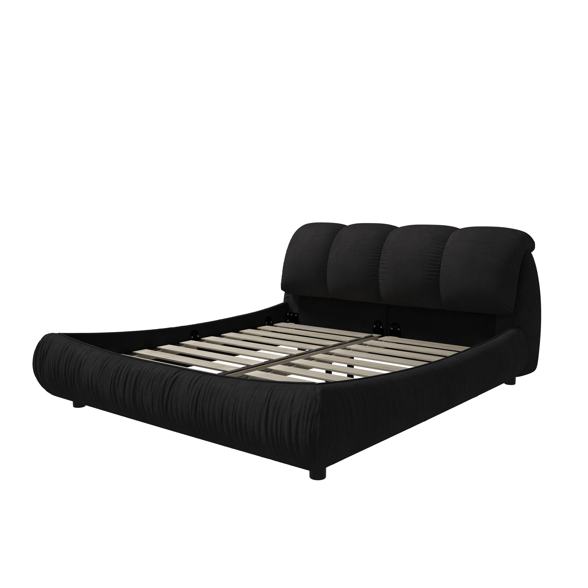 Black velvet bed frame with curved headboard and wooden slats modern design