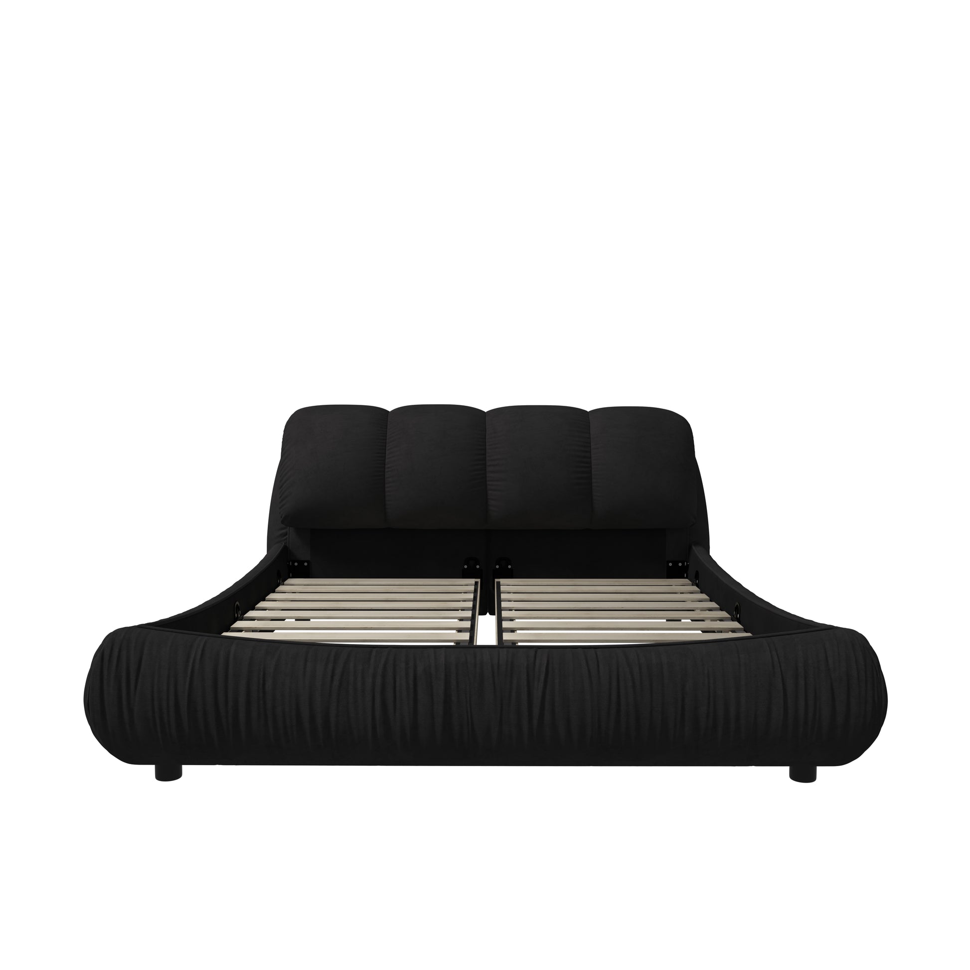 Black upholstered bed frame with channeled headboard and slatted base