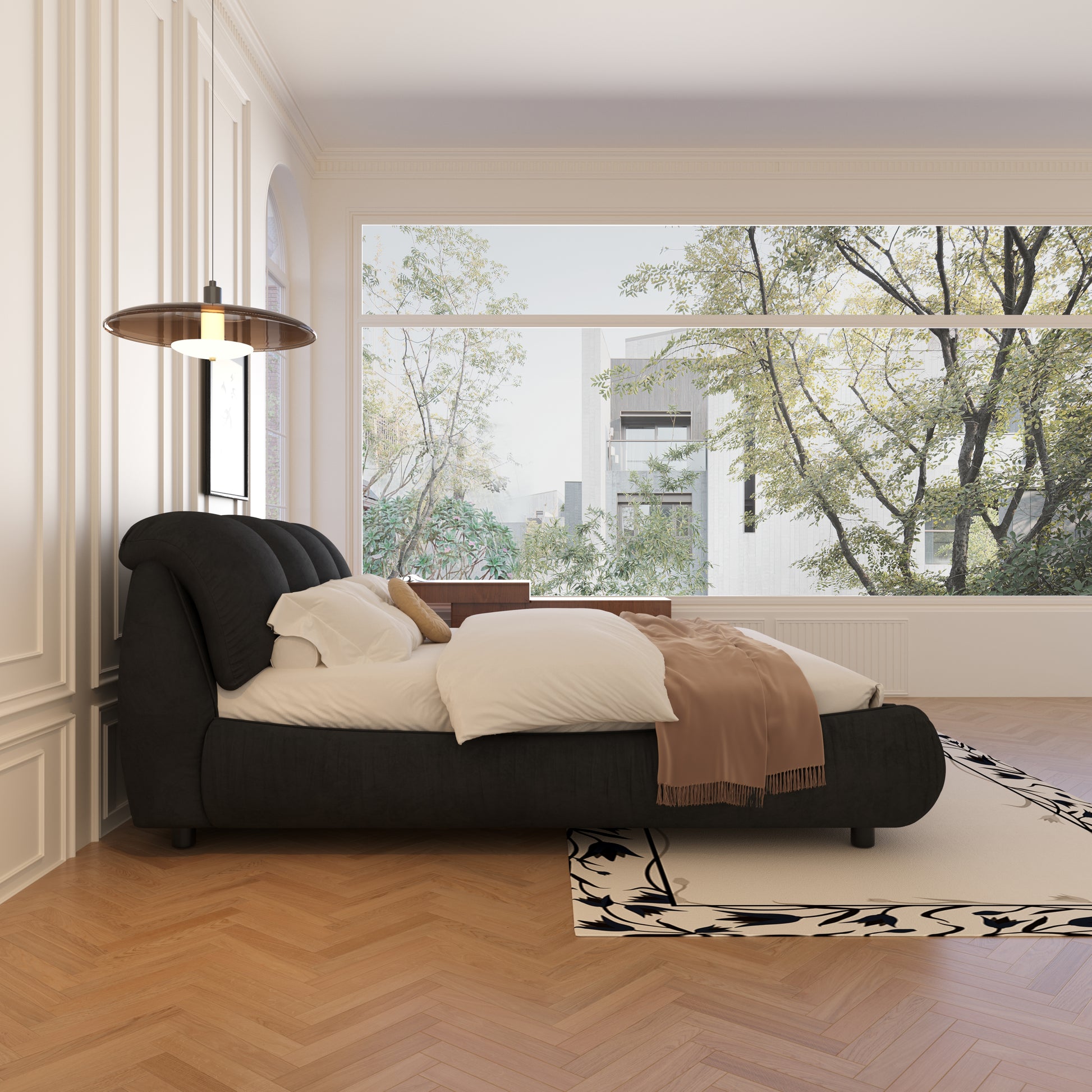 Black velvet channel tufted bed with white bedding and tan throw blanket