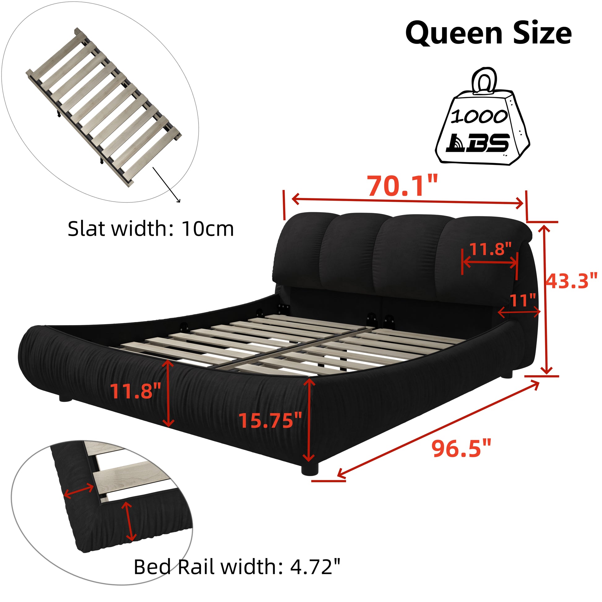 Black upholstered queen size bed with tufted headboard and  lb weight capacity