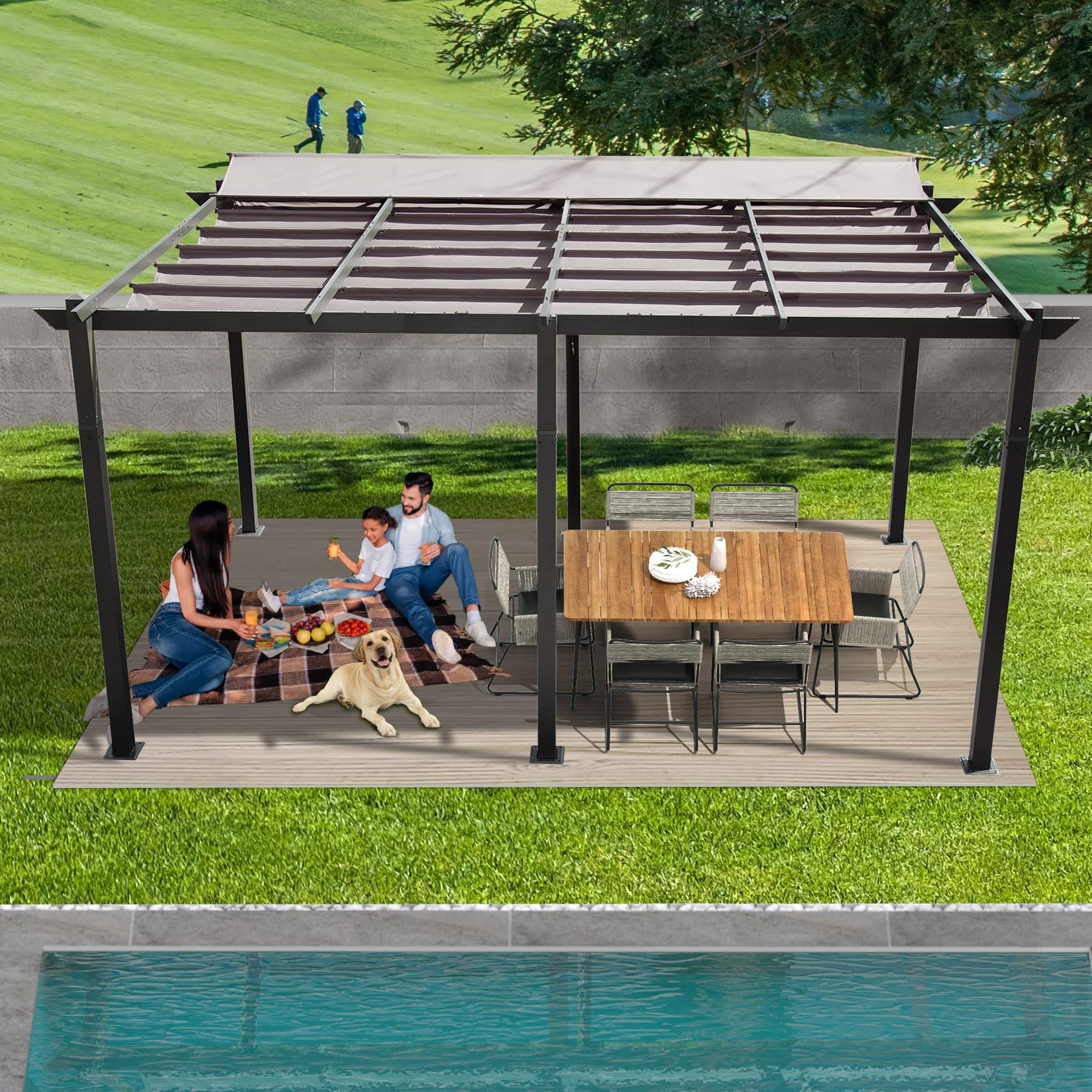 Retractable canopy pergola with a wooden dining set and picnic area in a backyard