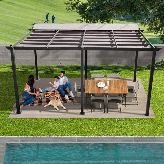 Retractable canopy pergola with a wooden dining set and picnic area in a backyard