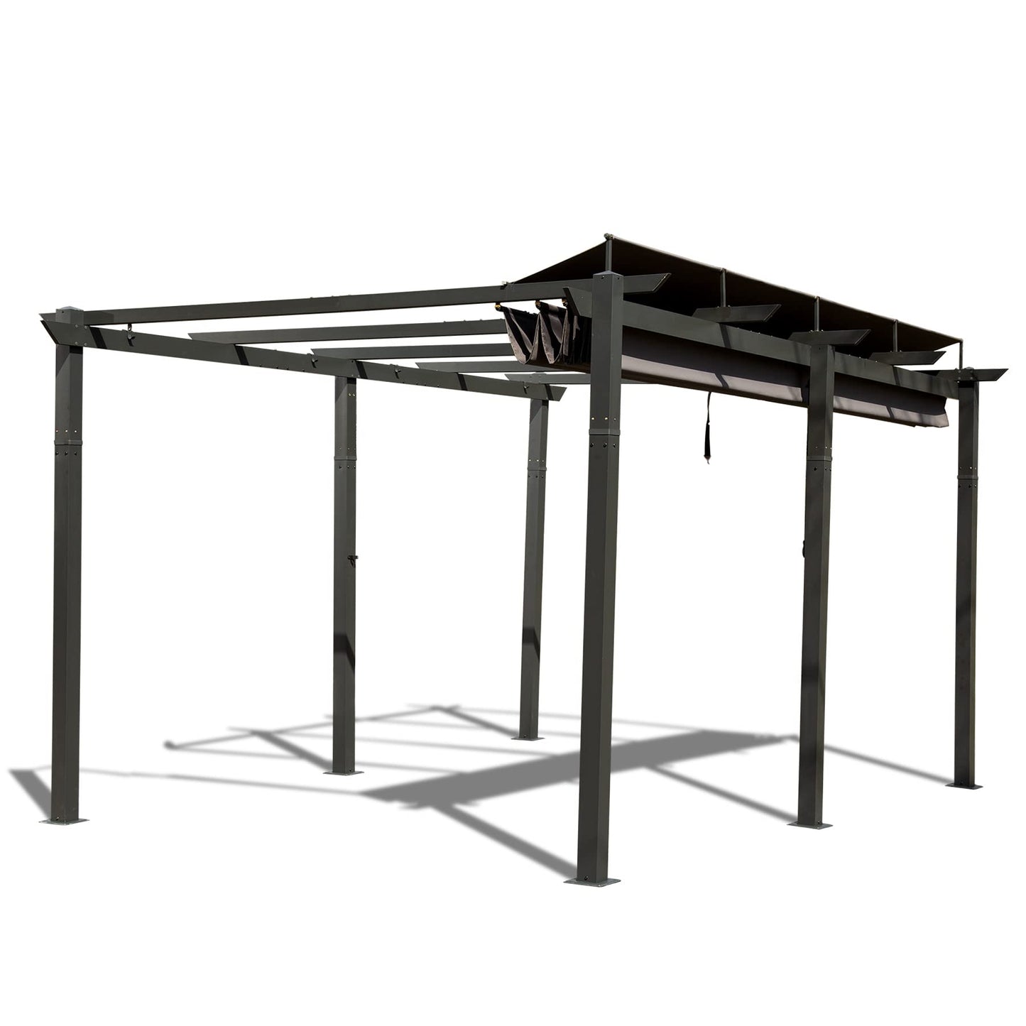 Dark gray metal pergola with a retractable canopy ideal for outdoor patio shade