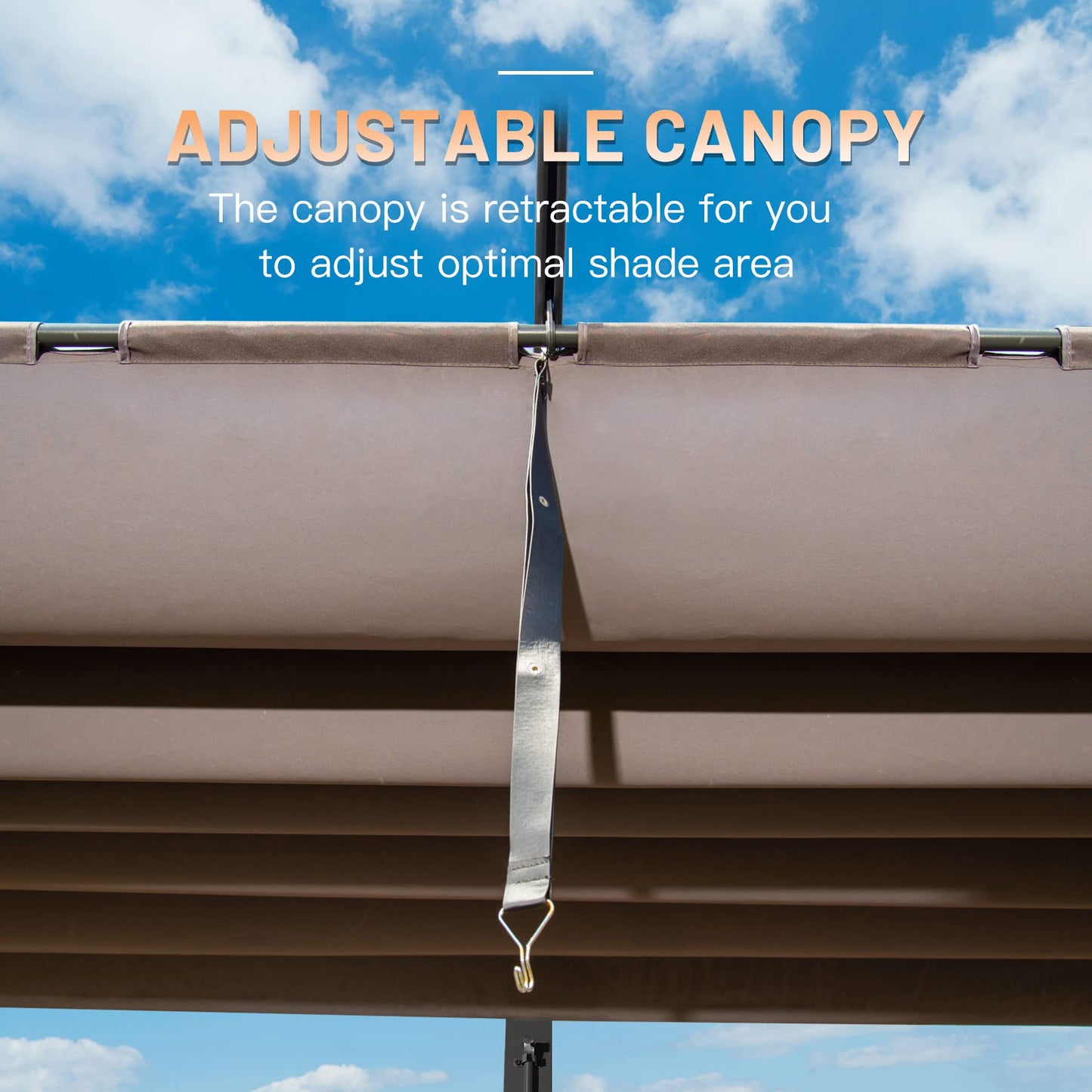 Adjustable patio canopy in taupe fabric with retractable mechanism for shade control