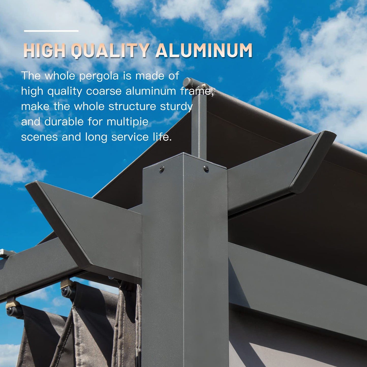Closeup of dark grey aluminum pergola frame structure under blue sky