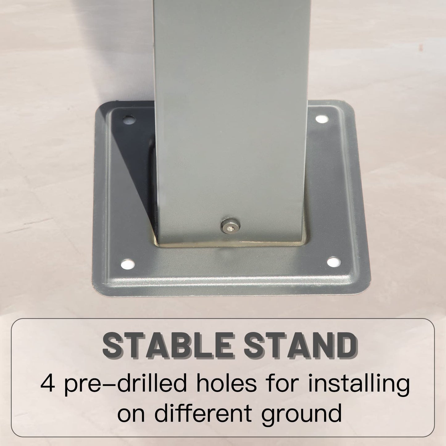 Gray metal post base with predrilled holes for stable mounting