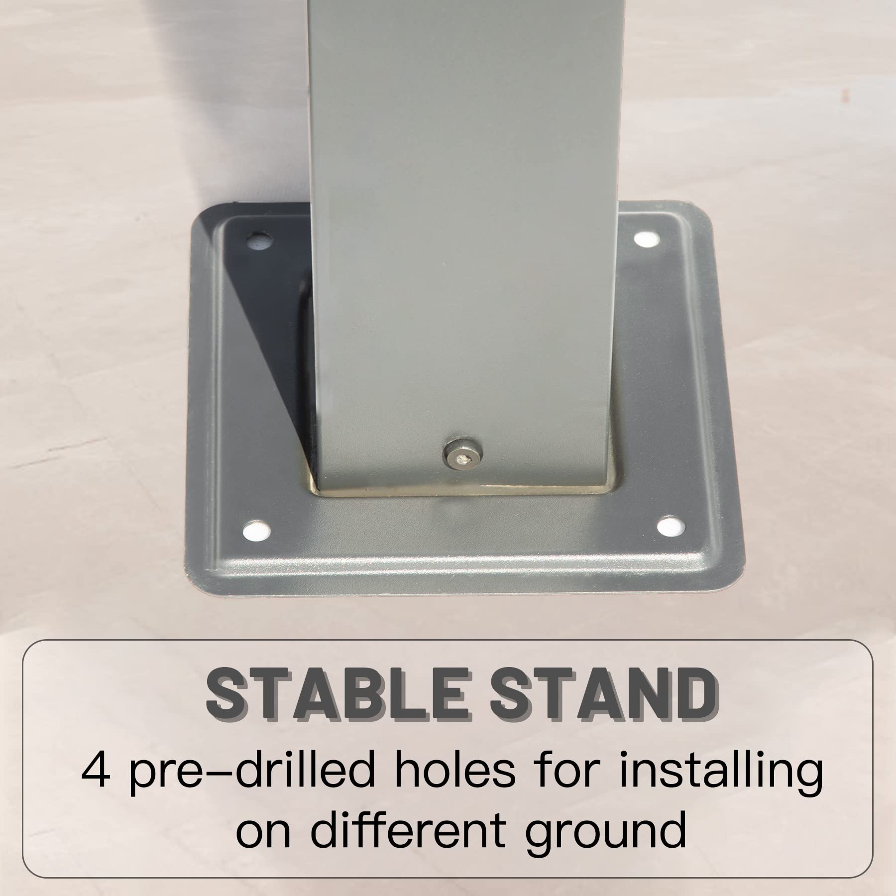 Gray metal post base with predrilled holes for stable mounting