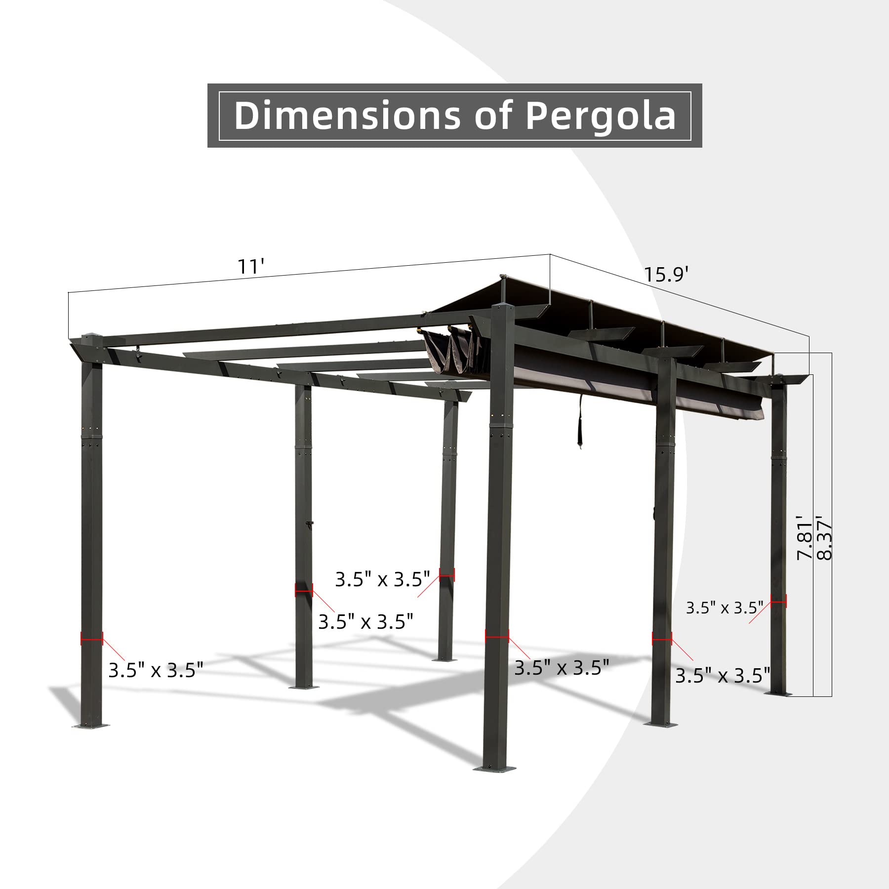 Diagram of a dark gray metal pergola with dimensions  x  and  height