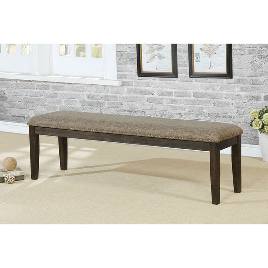 Brown upholstered bench with dark wood legs perfect for entryway seating