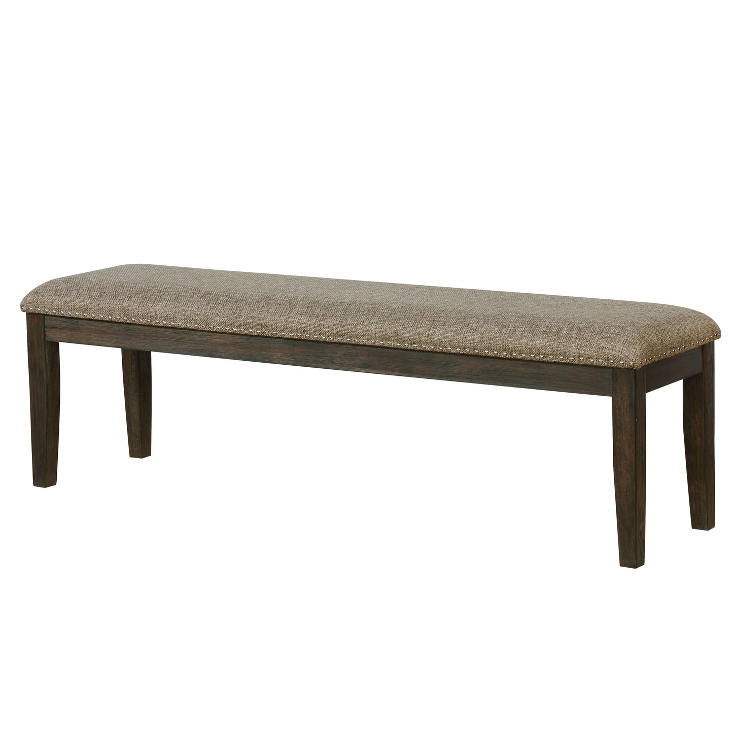 Tufted upholstered bench with dark wood legs and nailhead trim