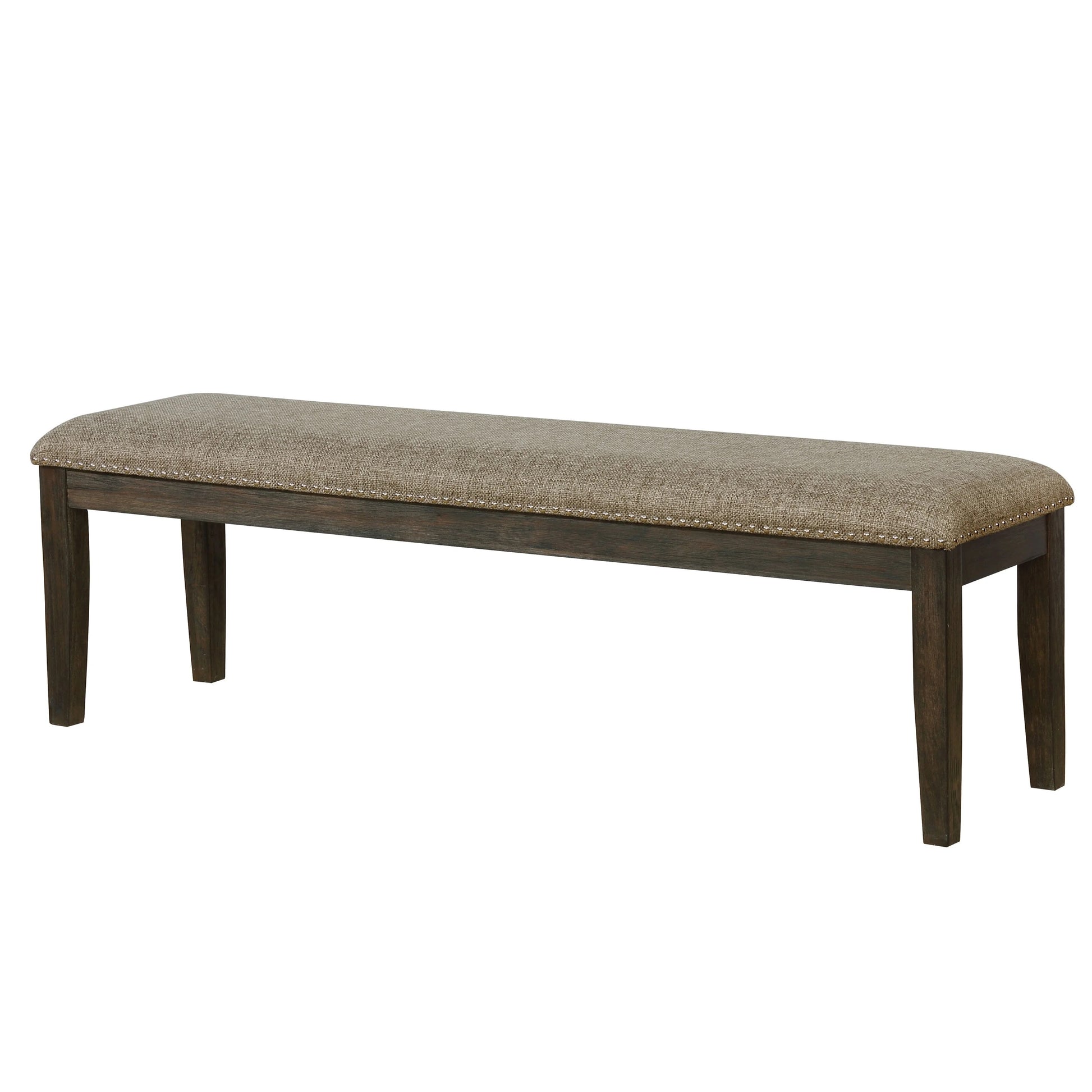Tufted upholstered bench with dark wood legs and nailhead trim
