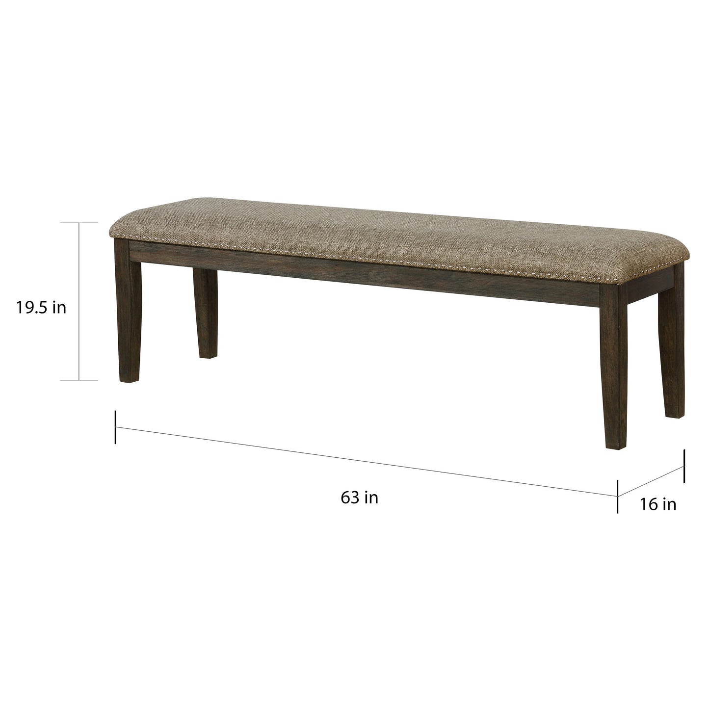 Tufted dining bench with textured gray fabric and nailhead trim details