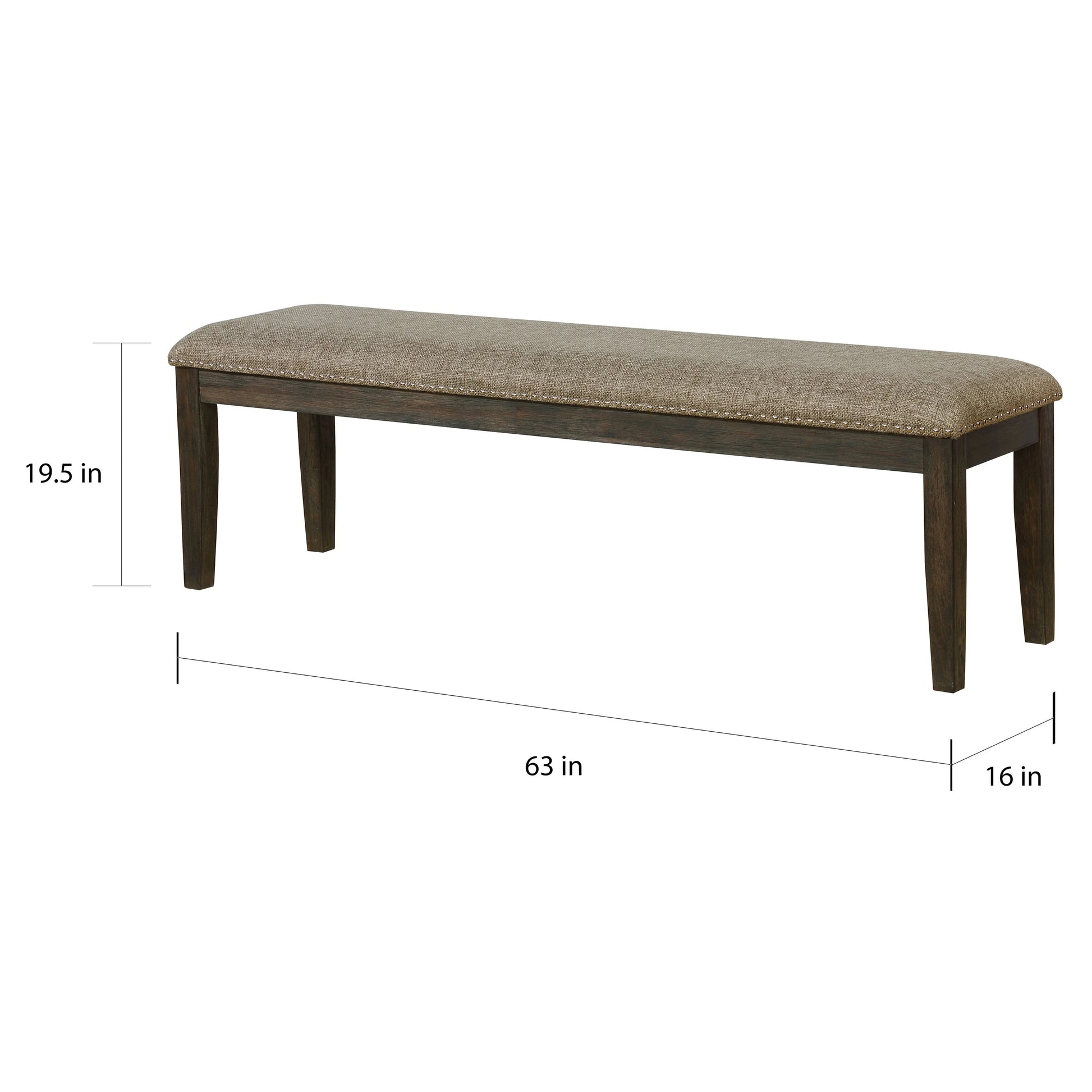 Tufted dining bench with textured gray fabric and nailhead trim details