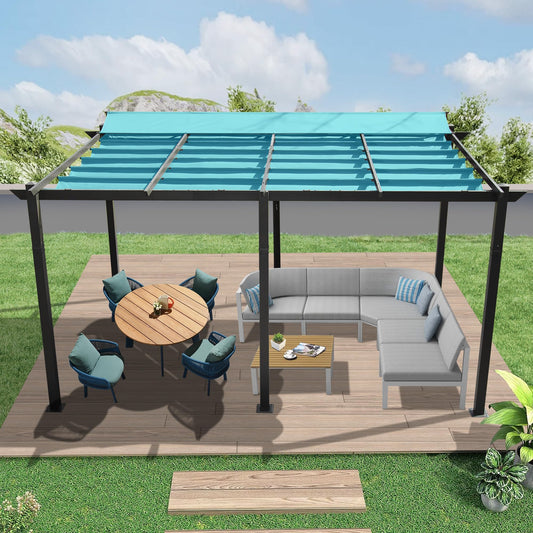 Retractable patio pergola with adjustable turquoise canopy and outdoor furniture set