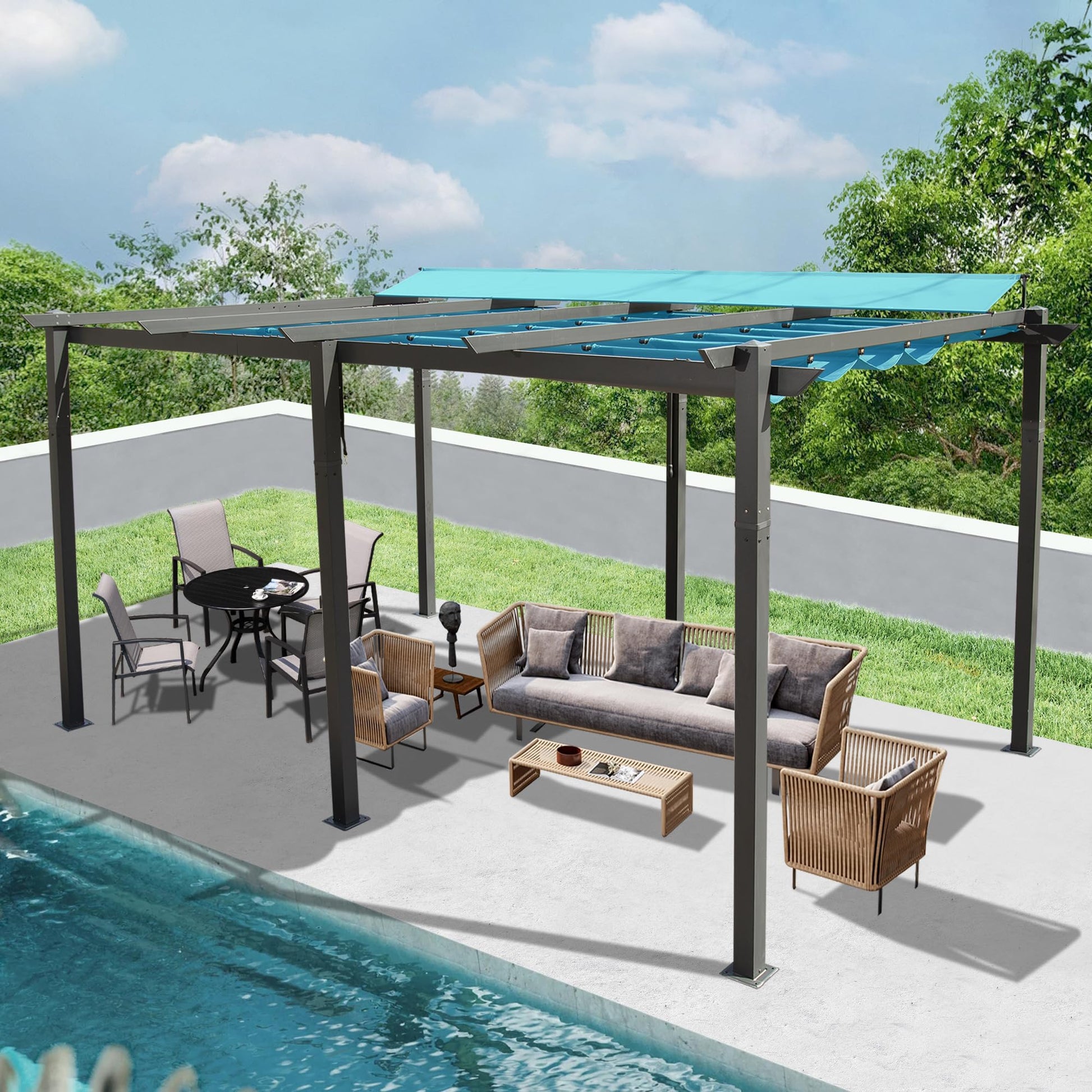 Modern patio pergola with retractable blue canopy and outdoor furniture set for relaxation
