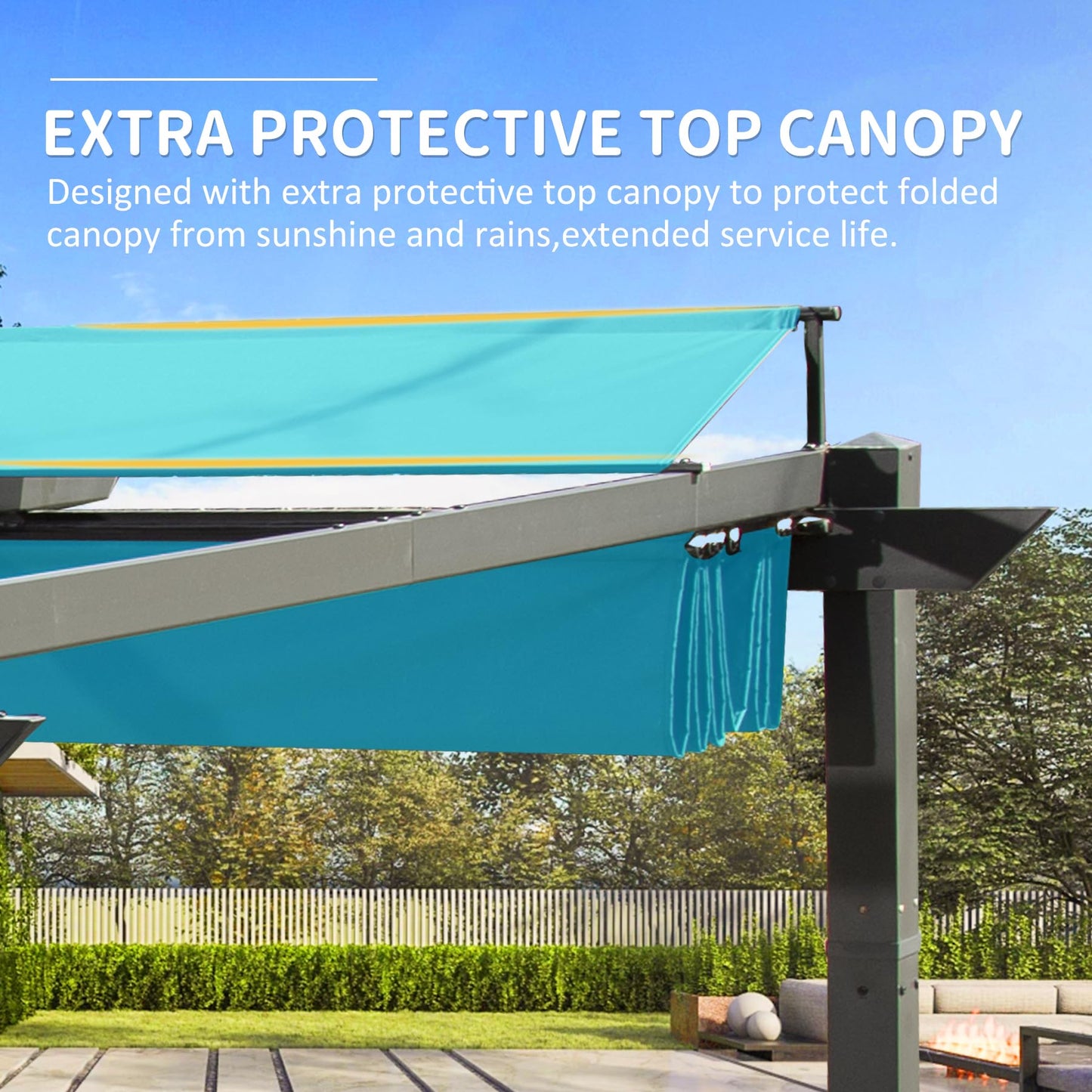 Teal retractable patio awning with protective top canopy extension