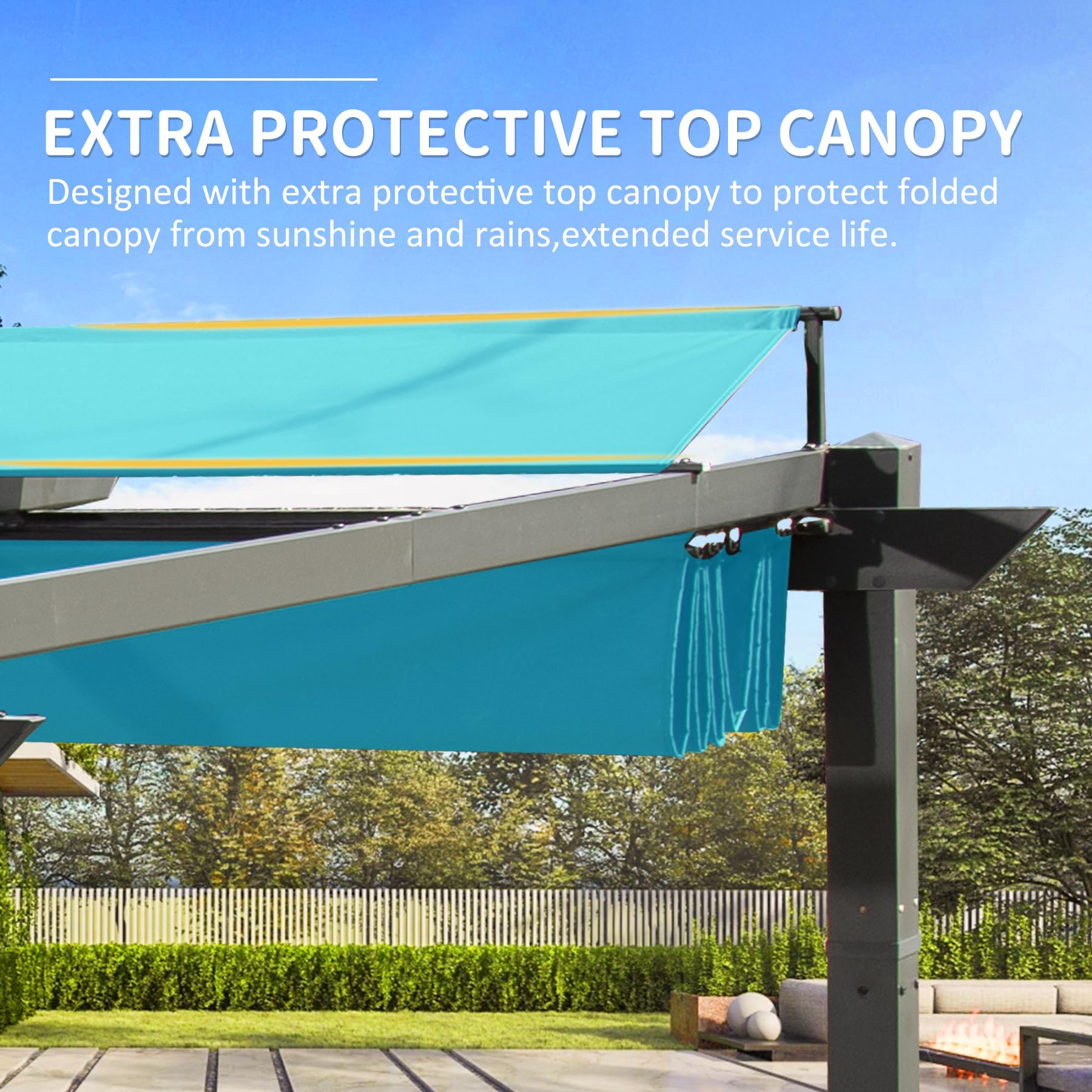 Teal retractable patio awning with protective top canopy extension