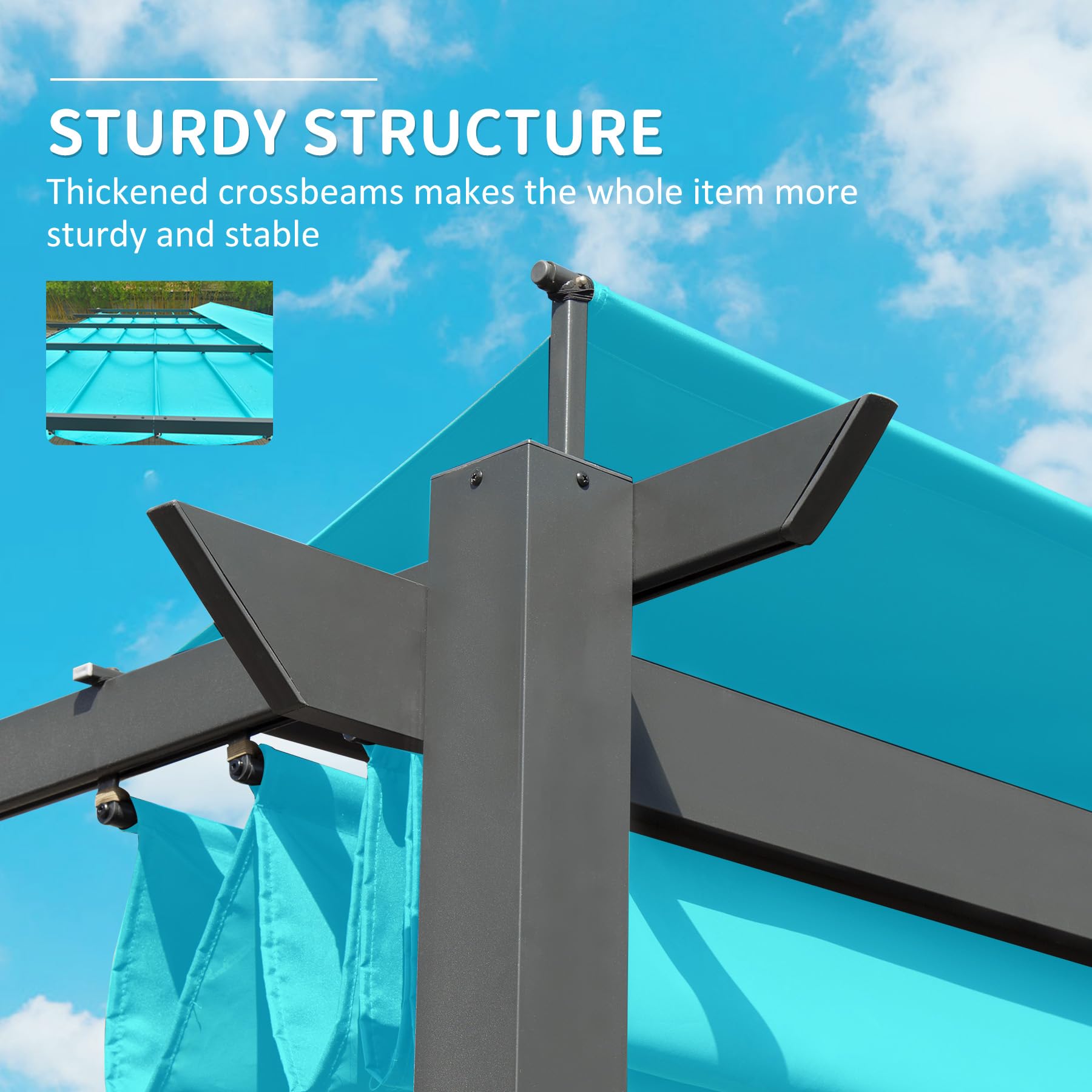 Turquoise retractable canopy with sturdy dark gray aluminum frame ideal for patio shade