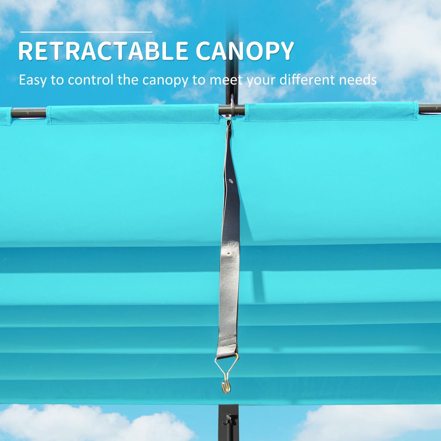 Teal retractable canopy with adjustable strap and silver hook against blue sky