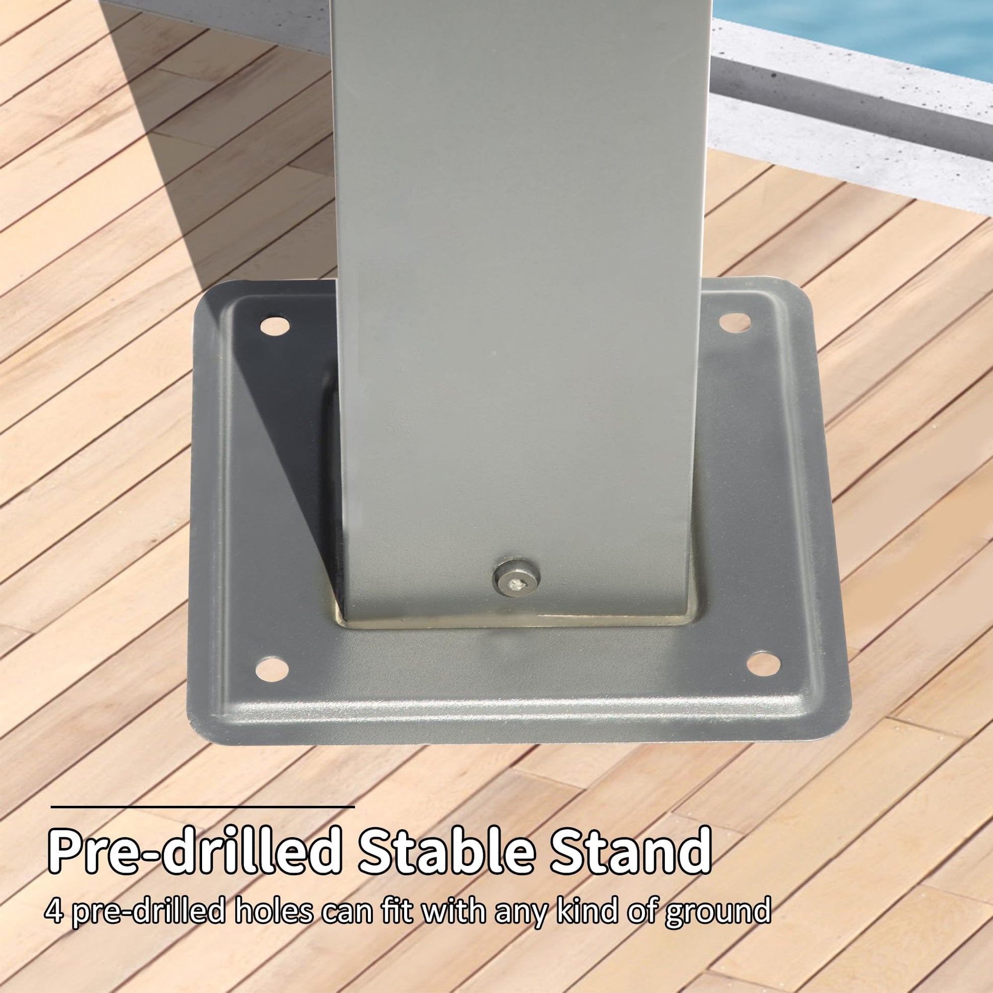 Grey metal gazebo base with four predrilled holes for secure installation on any surface