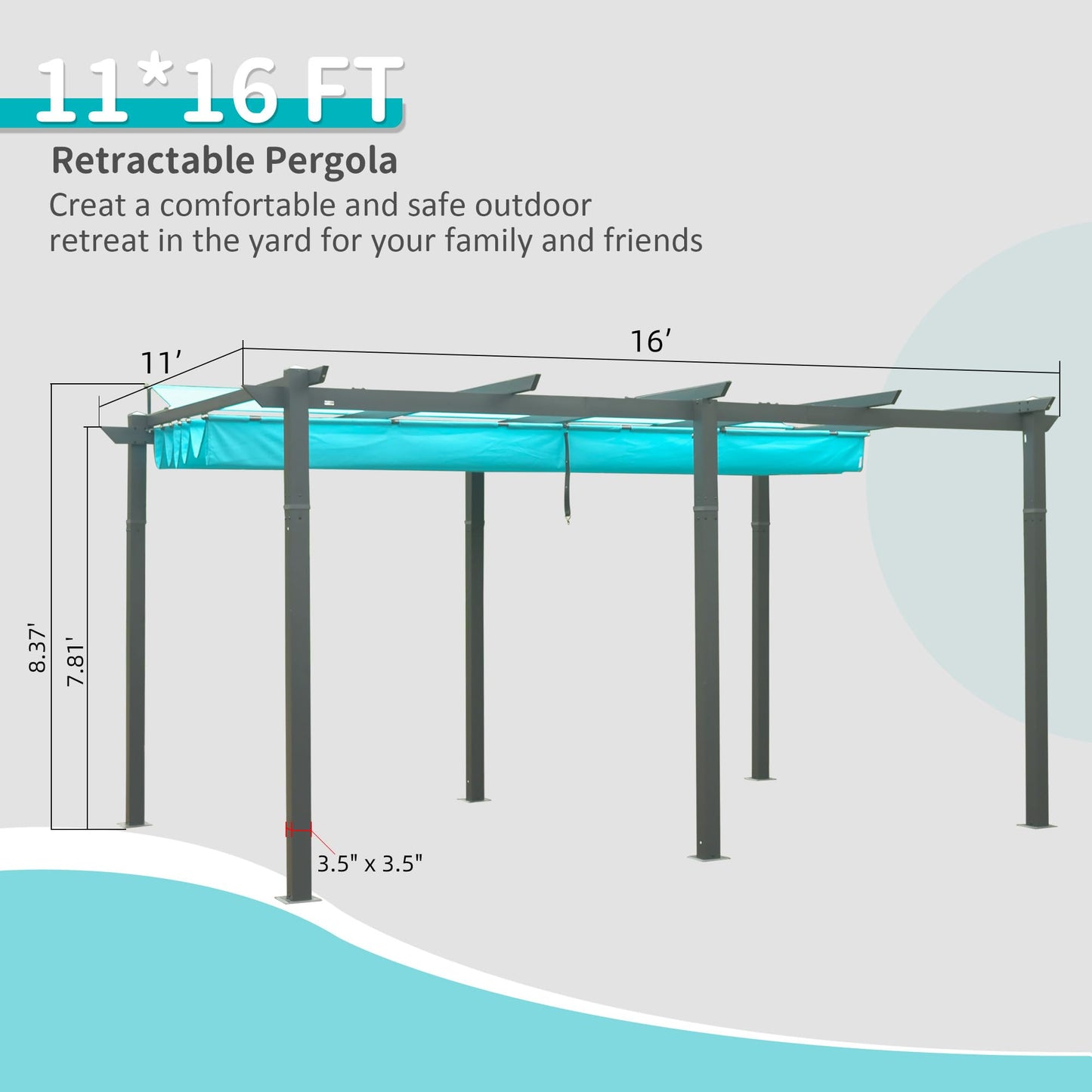 x ft gray metal retractable pergola with teal canopy for outdoor shade