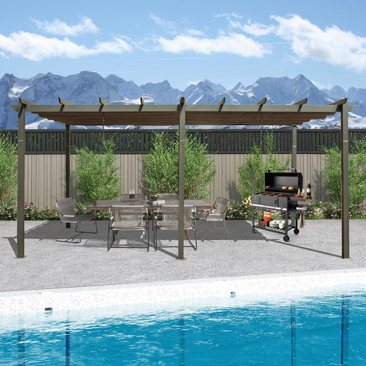 Modern dark grey pergola providing shade over a dining set near a grill