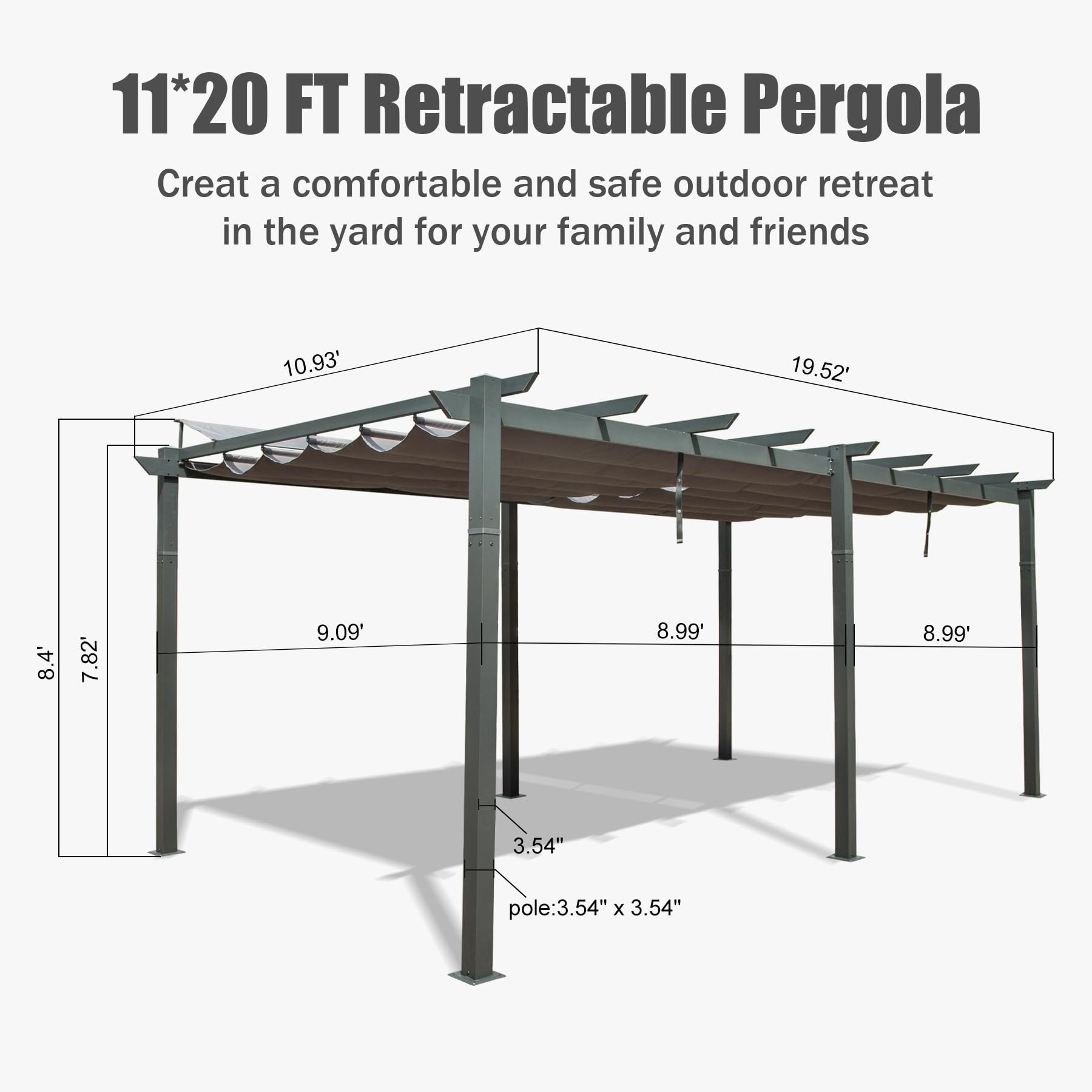Diagram of an x ft retractable pergola with dimensions for height and width