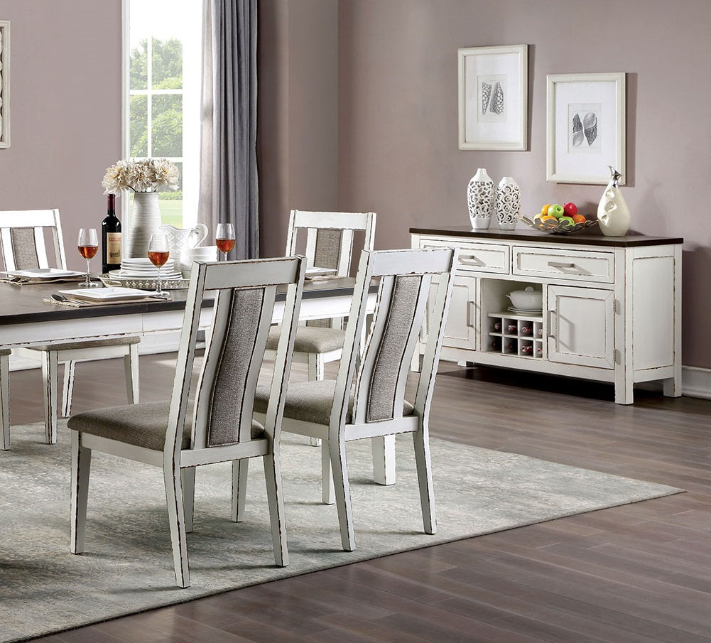 Distressed white dining chairs with gray upholstered seats and backs