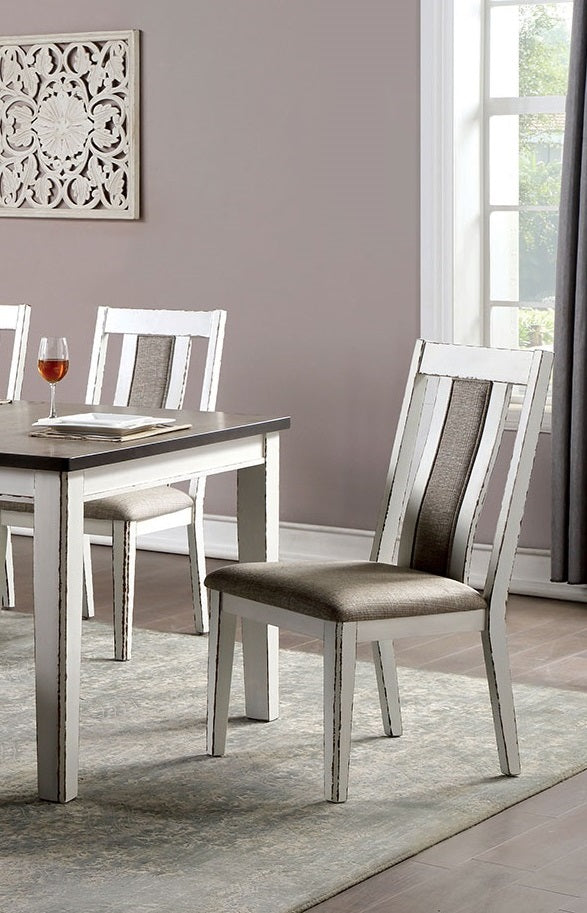 Distressed white dining chair with brown fabric seat and back insert