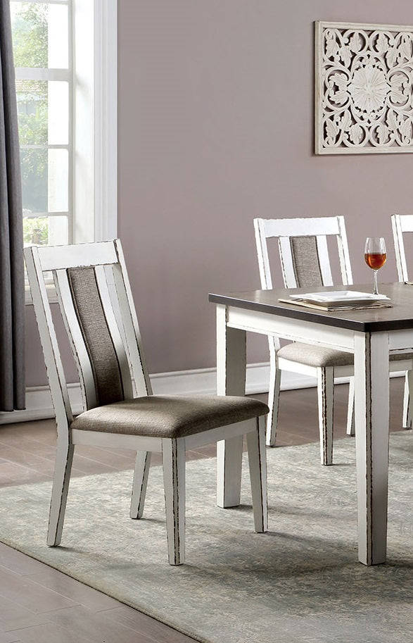 Farmhouse dining chair with distressed white wood frame and textured taupe seat