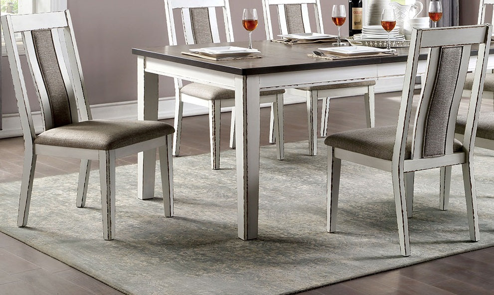 White distressed wood dining chair with gray upholstered seat and back