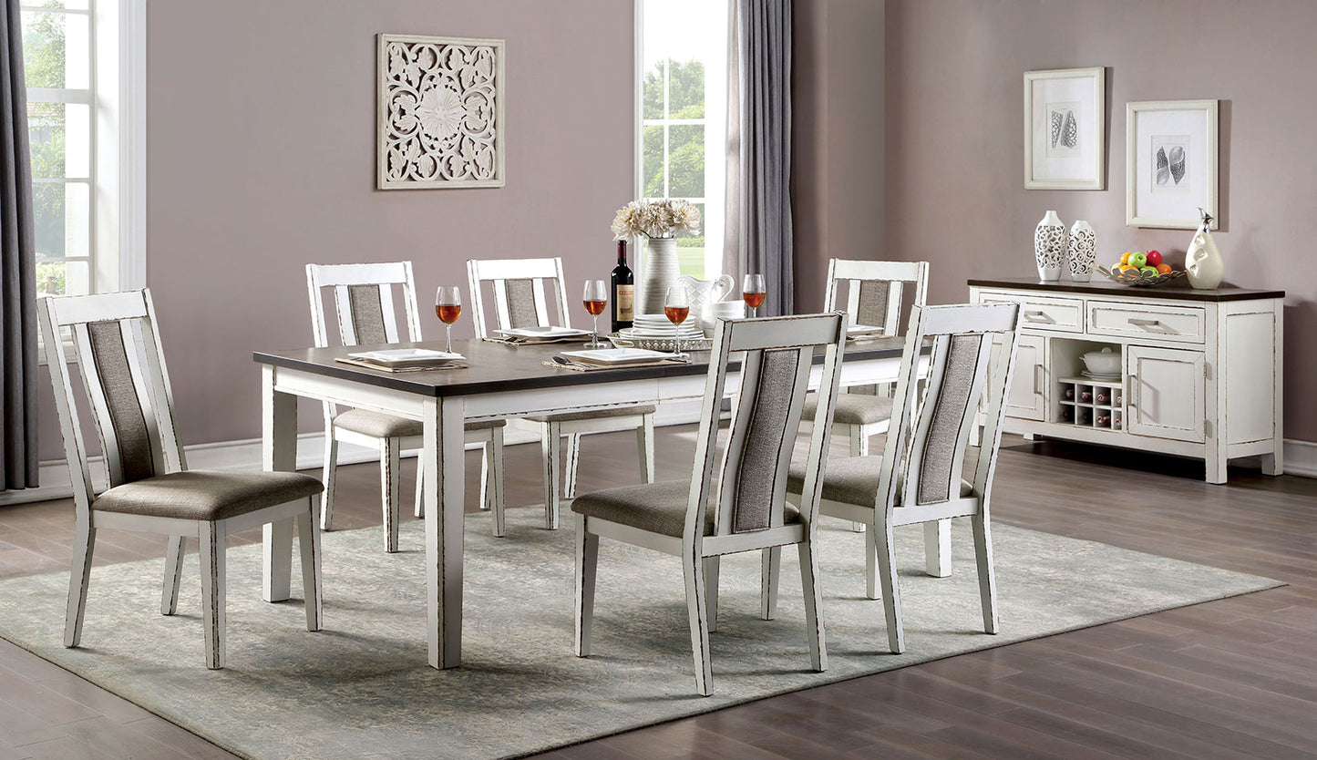 White distressed farmhouse dining chairs with grey upholstered seats